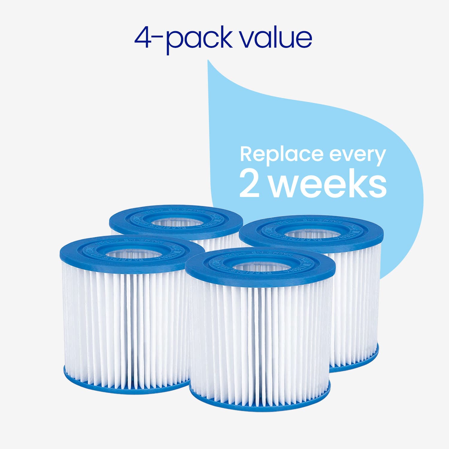 Four filter cartridges with blue tops and white bodies on a light gray background, labeled as a 4-pack value with replacement advice.