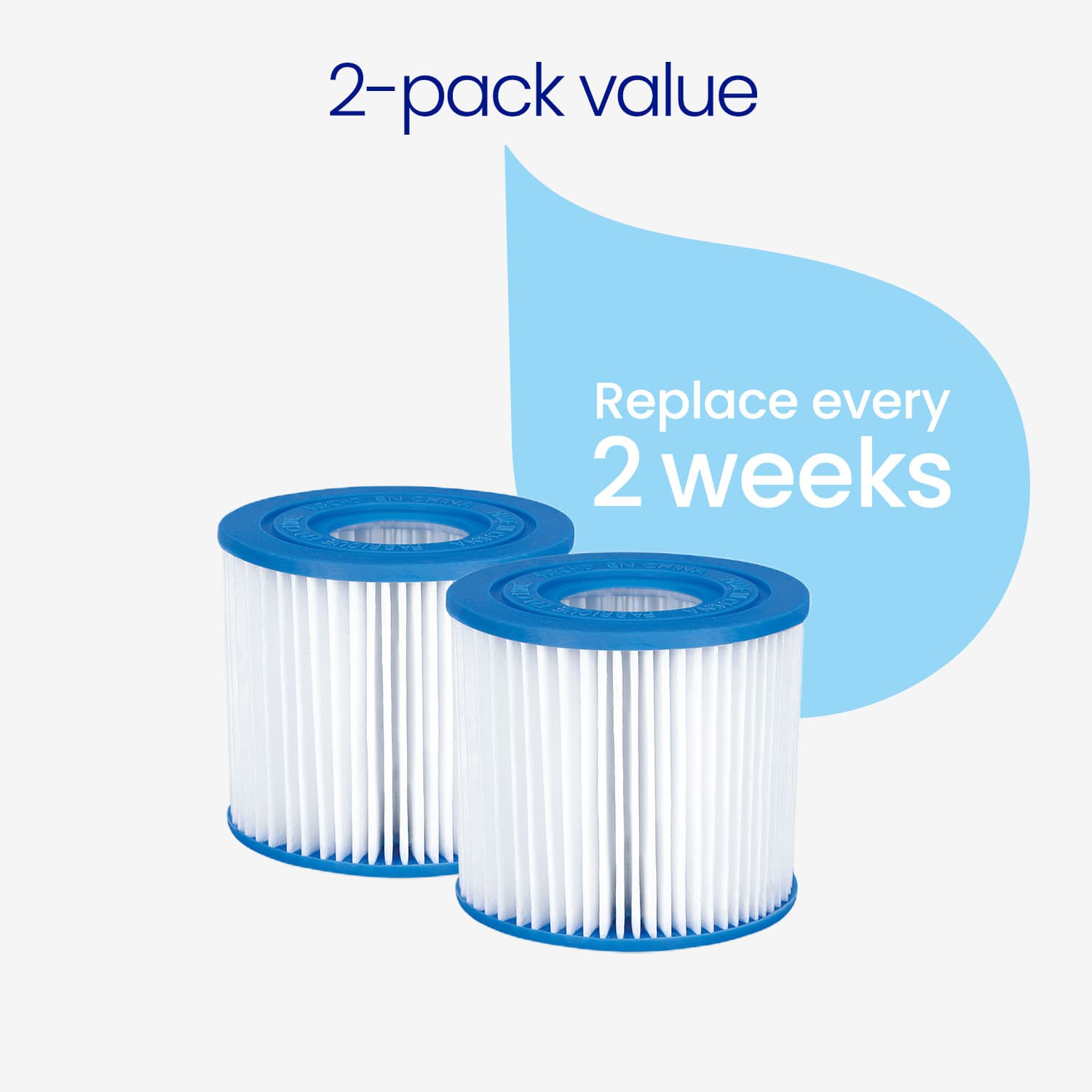 Two pool filter cartridges with a blue and white design on a light gray background.