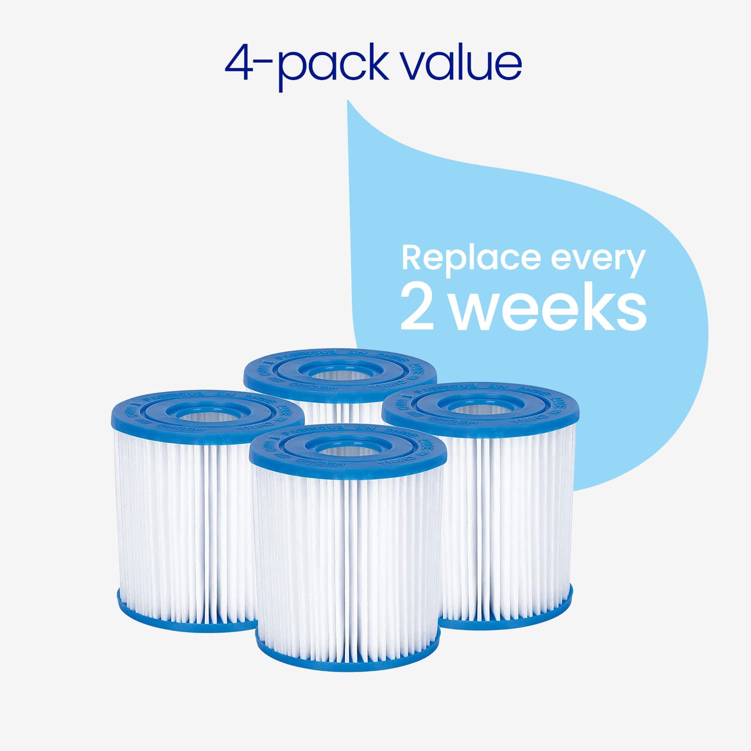 Four cylindrical filter cartridges with blue tops on a white background, labeled as a 4-pack value with replacement advice.