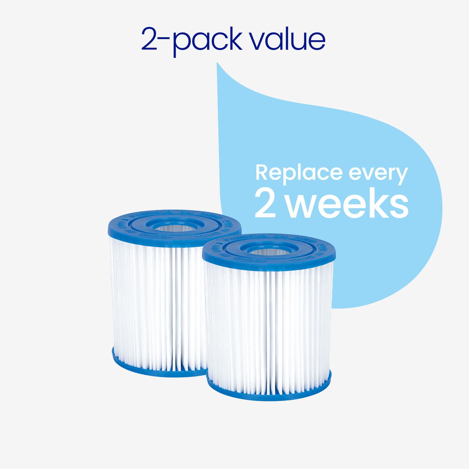 Two filter cartridges with blue tops on a white background, labeled as a 2-pack value with replacement frequency text.
