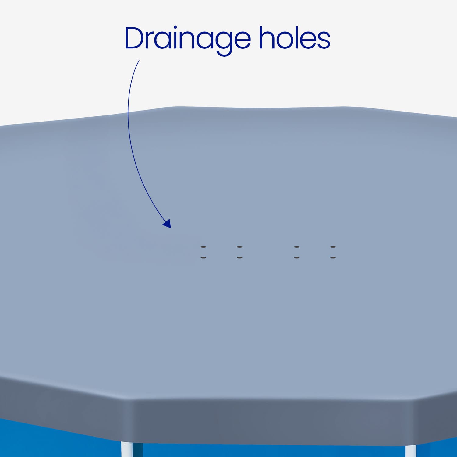 Gray pool cover with drainage holes labeled on a white background