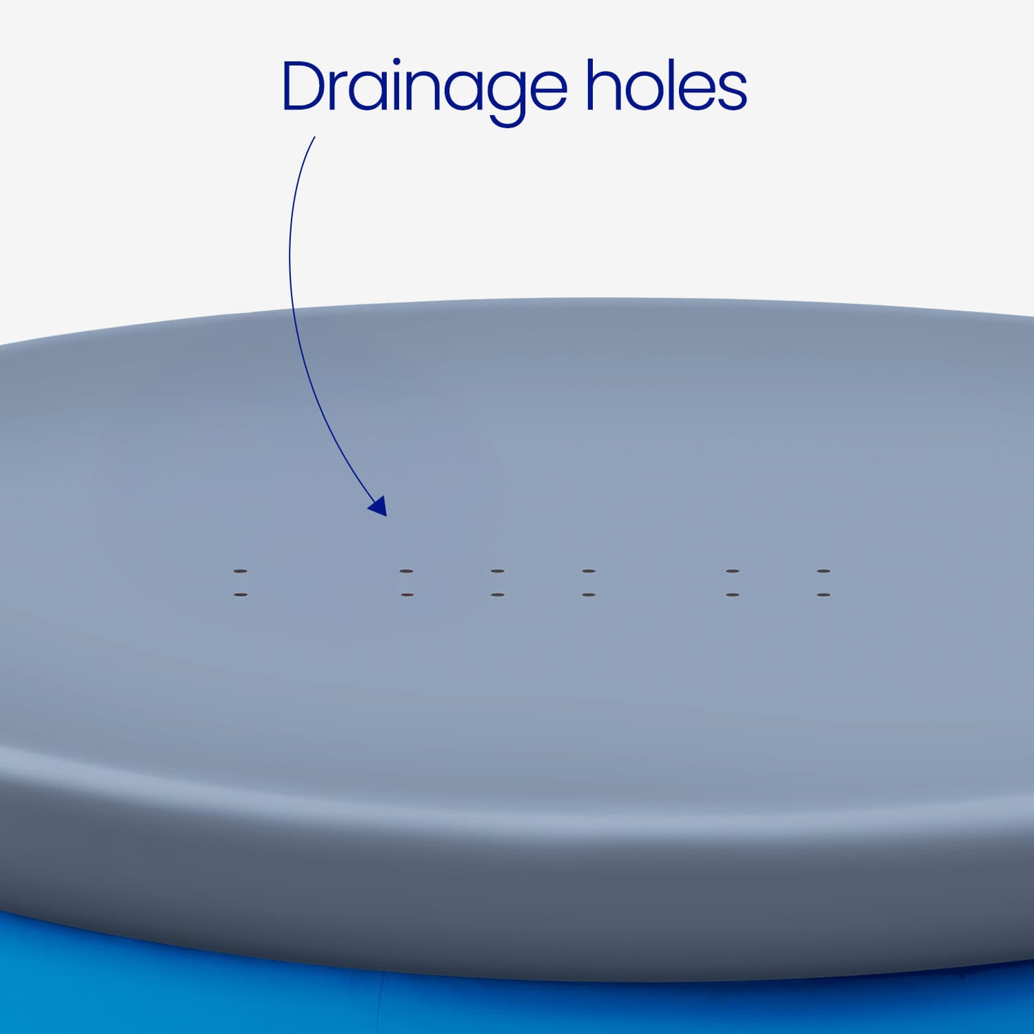 close up of gray pool cover with drainage holes labeled on a white background