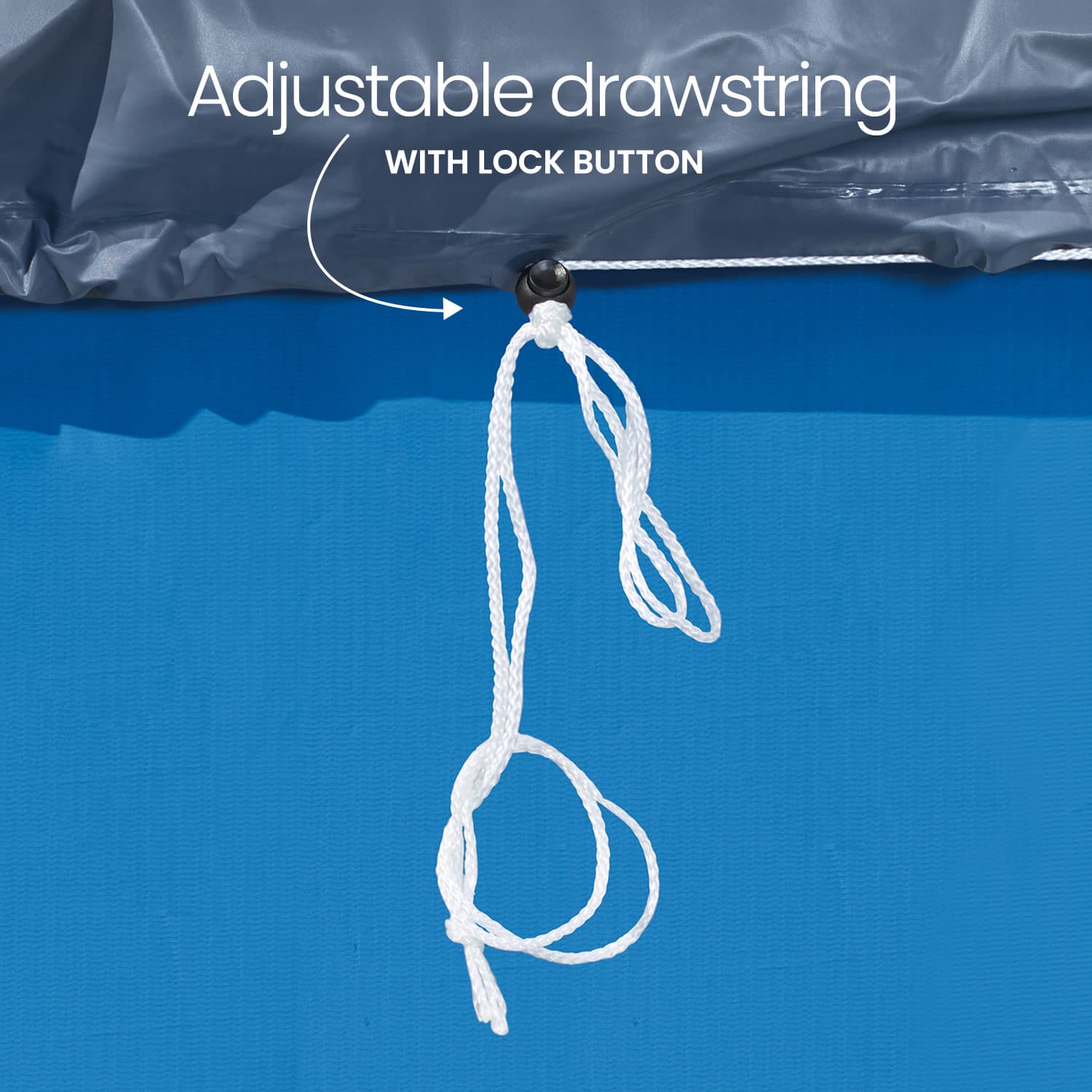Adjustable drawstring with lock button on a blue background