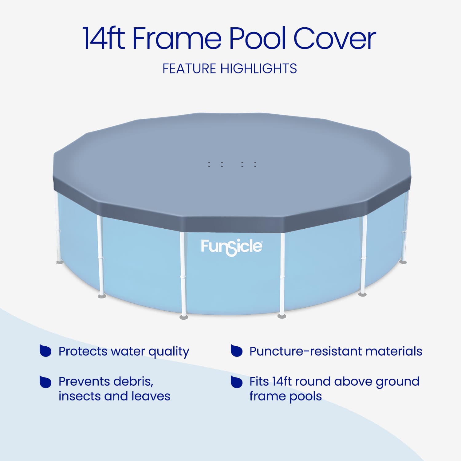 14ft Frame Pool Cover with features highlighted on a white background