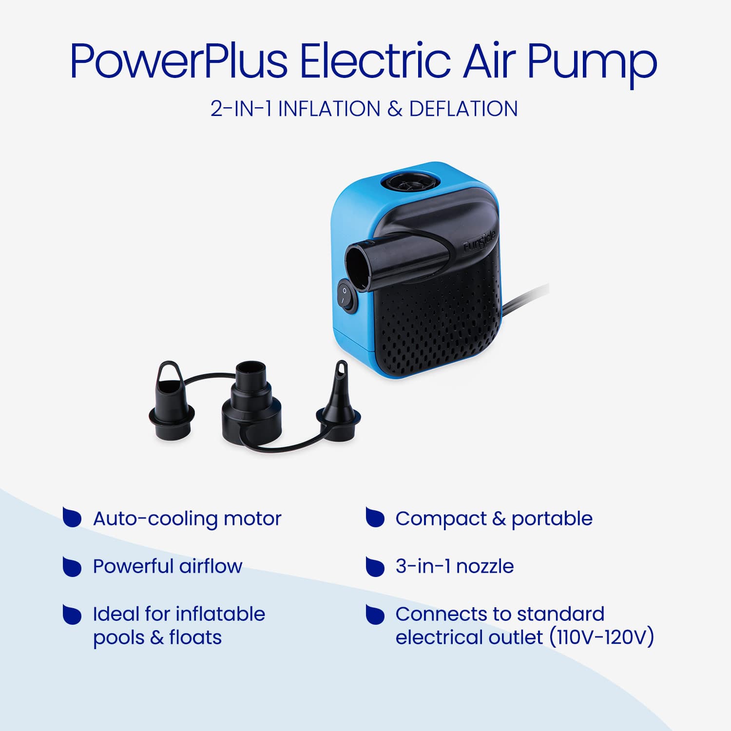 PowerPlus Electric Air Pump with features listed on a light blue background