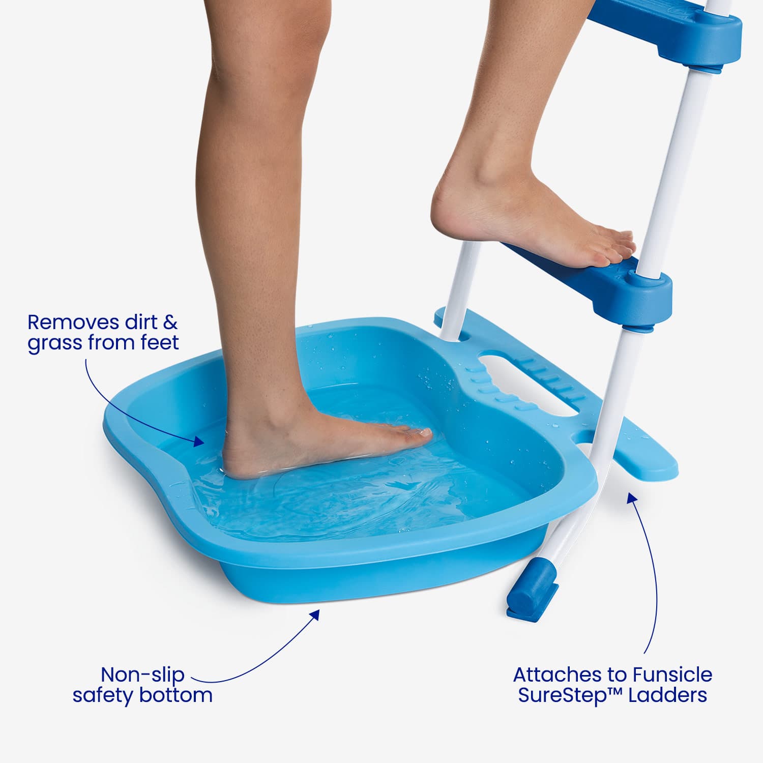 Blue foot bath with text highlighting features on a white background