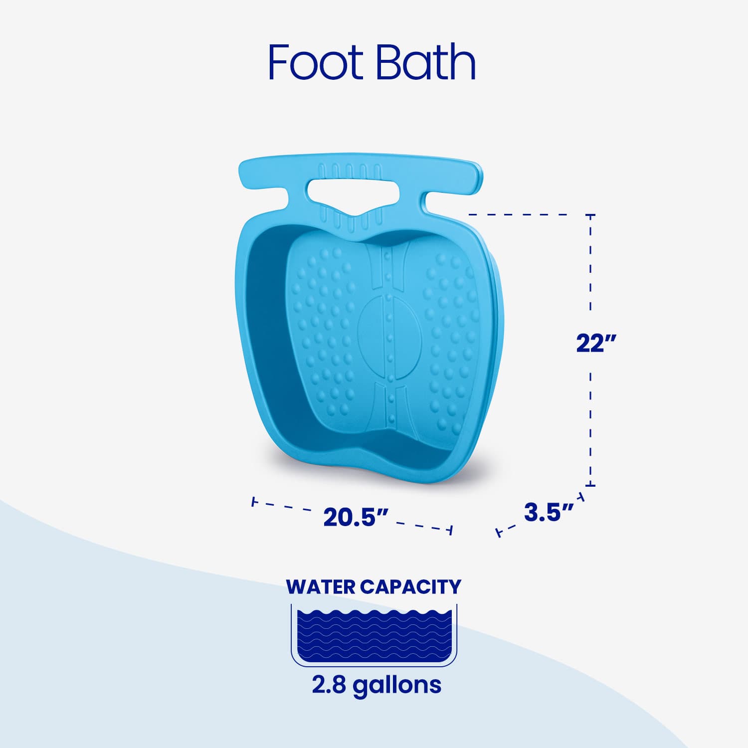 Blue foot bath with dimensions and water capacity on a white background