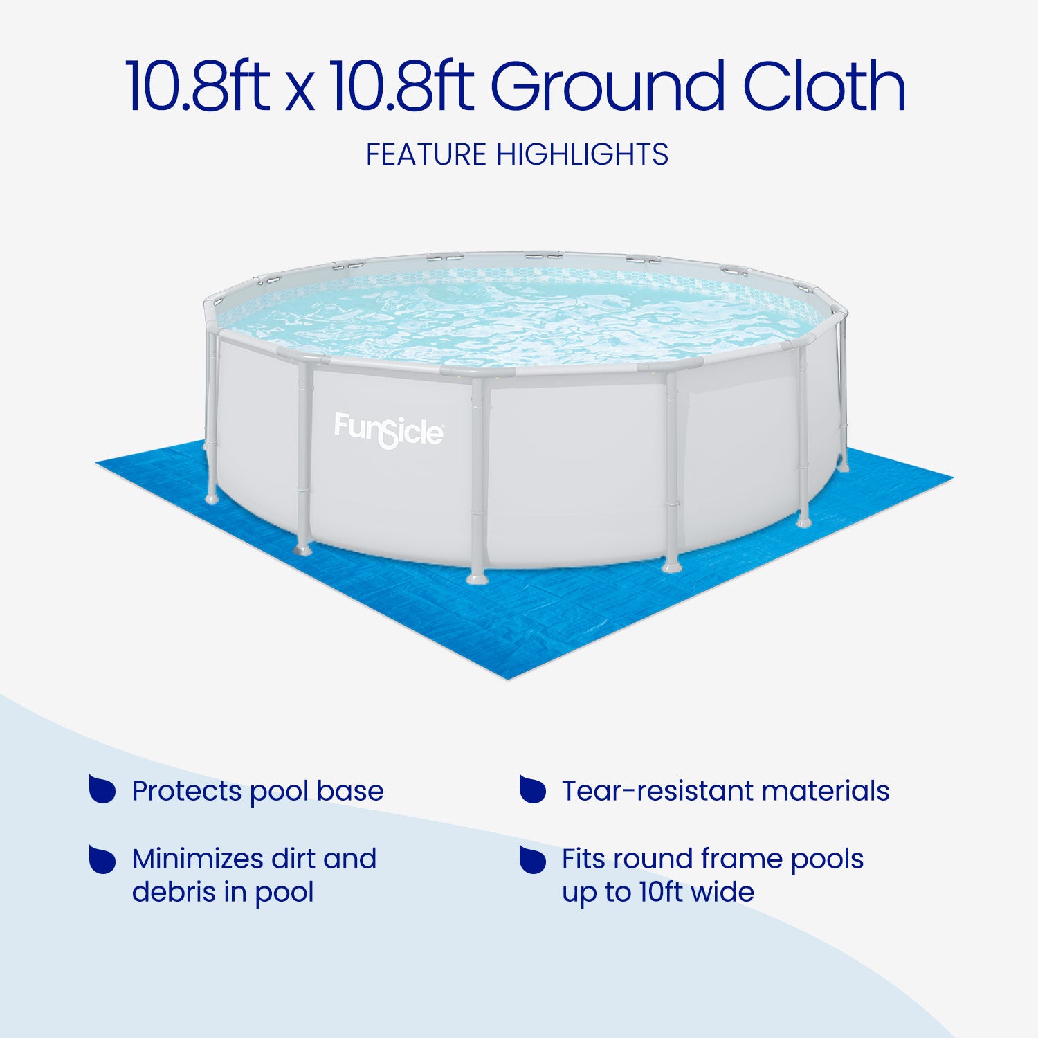 Funsicle 10.8ft x 10.8ft ground cloth for round frame pool with features listed.