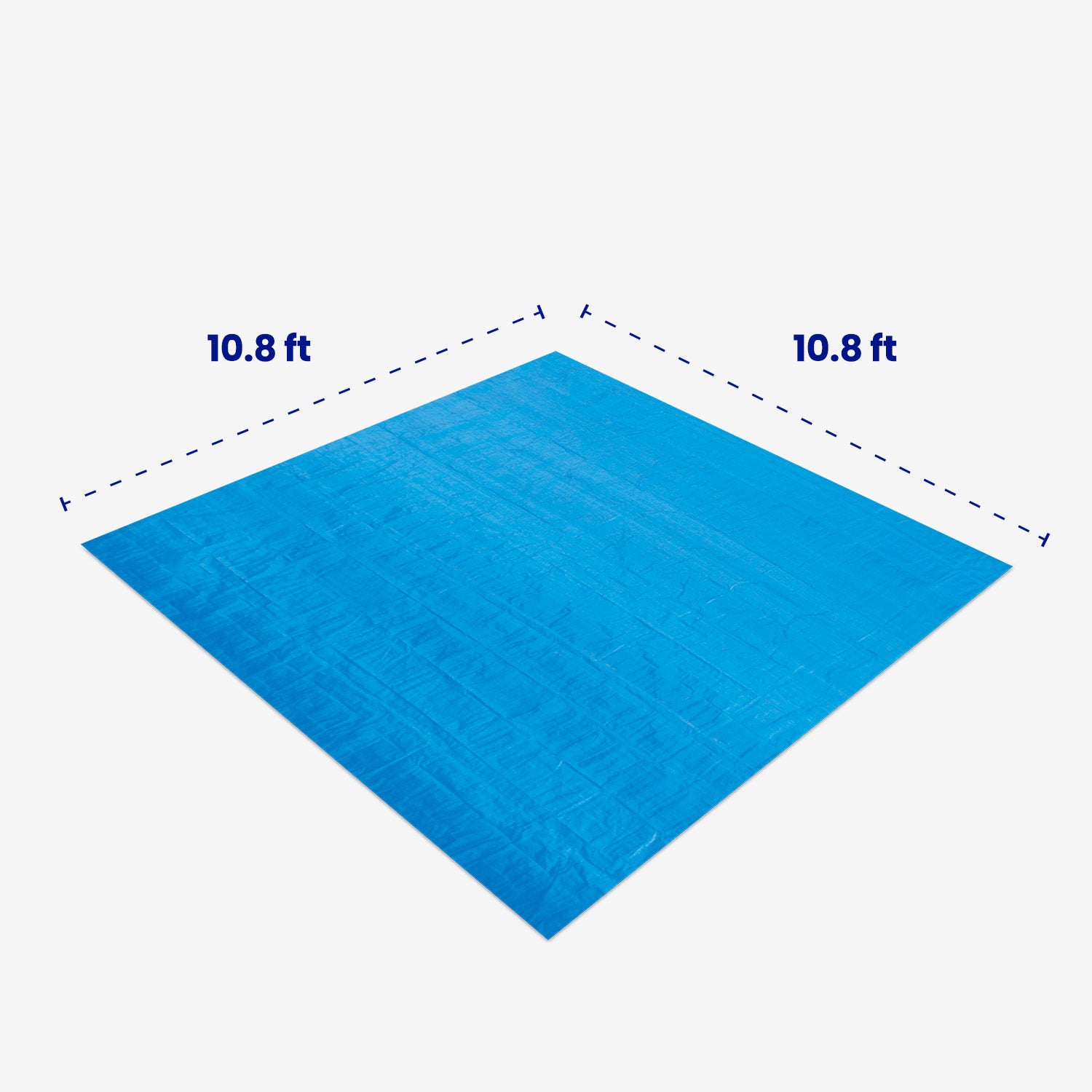 Blue pool ground cloth dimensions 10.8 feet by 10.8 feet on a white background