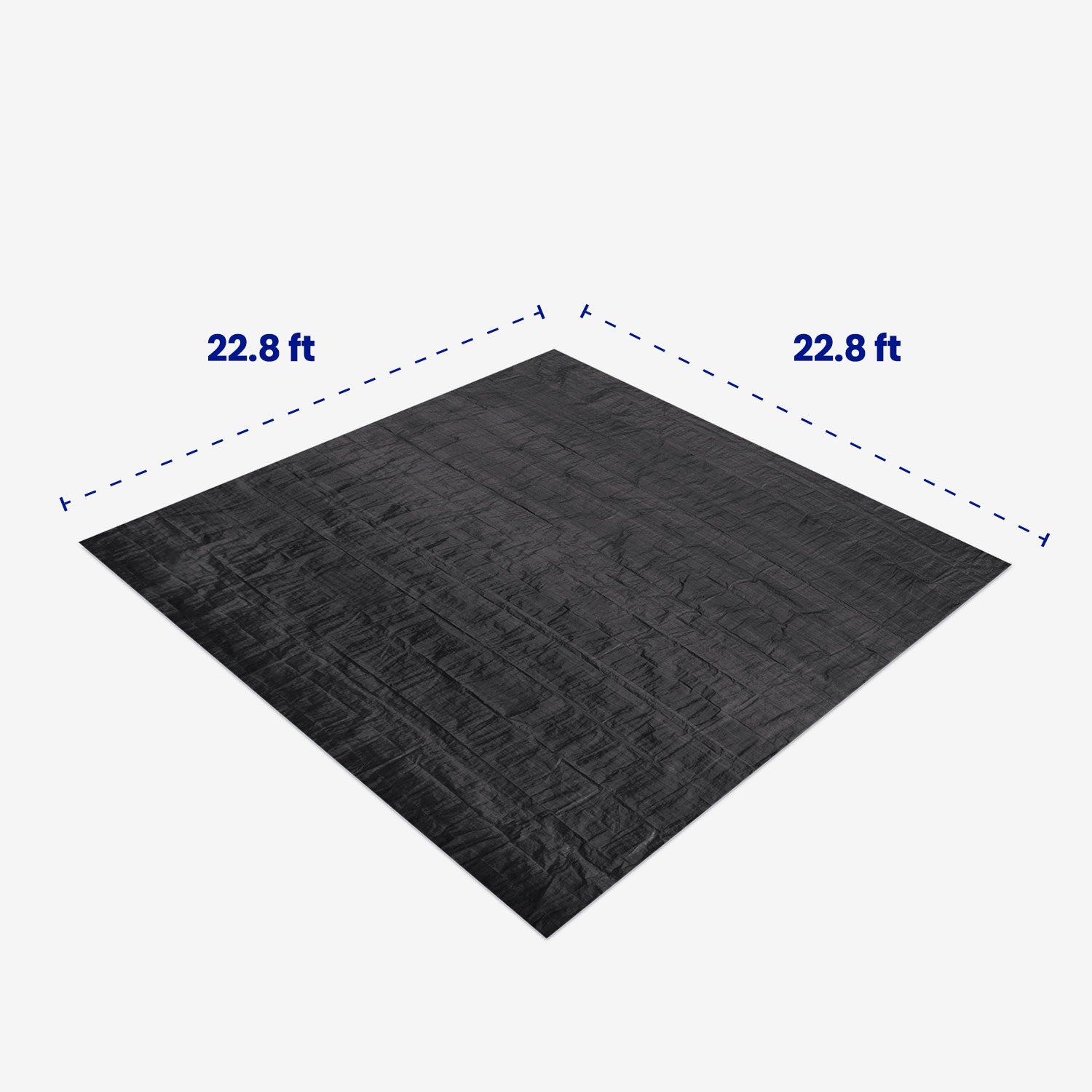 Black ground cloth with dimensions 22.8 feet by 22.8 feet on a white background
