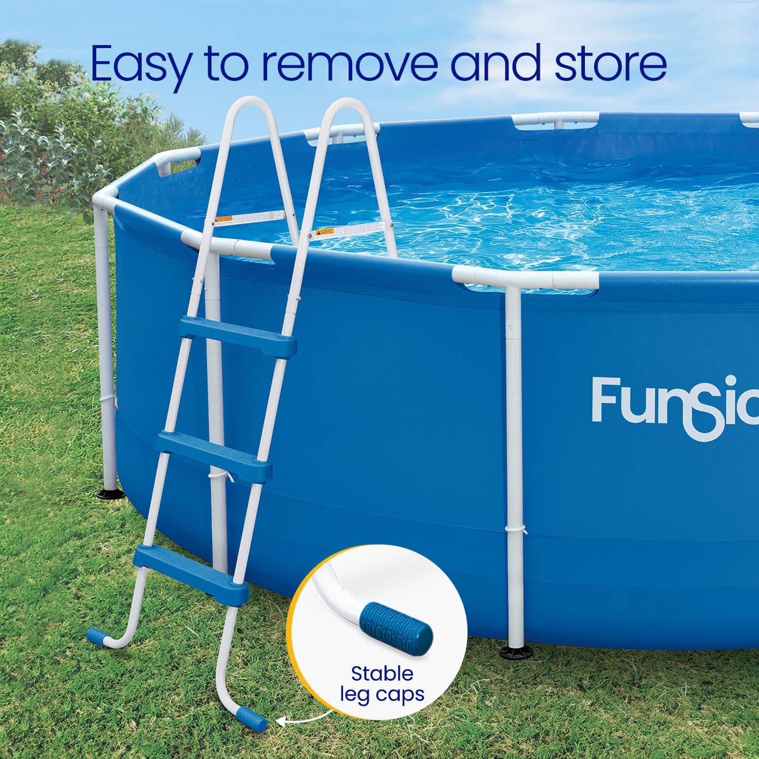 Blue above-ground pool with a ladder and 'Funsicle' branding on grass.
