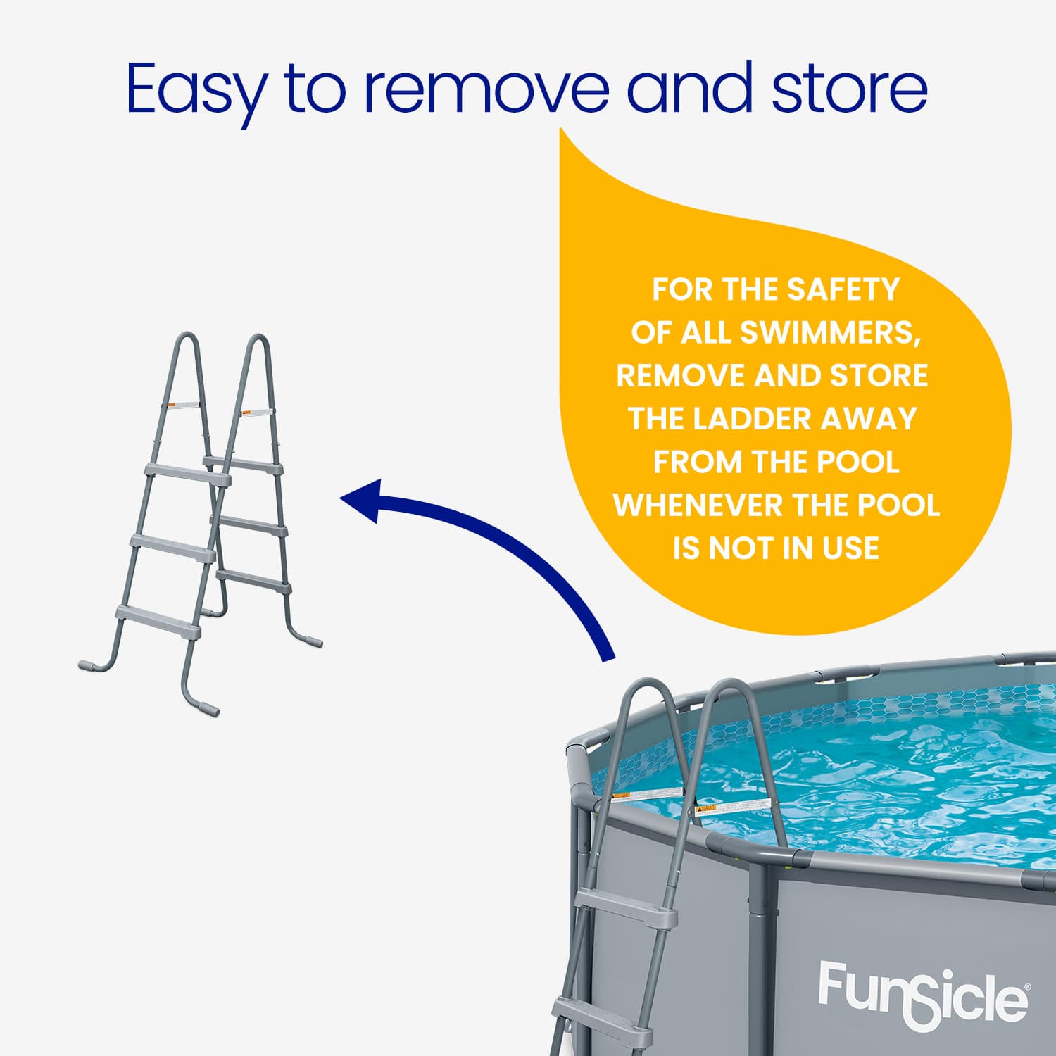 Pool ladder with text on removing and storing it for safety, featuring the Funsicle brand.