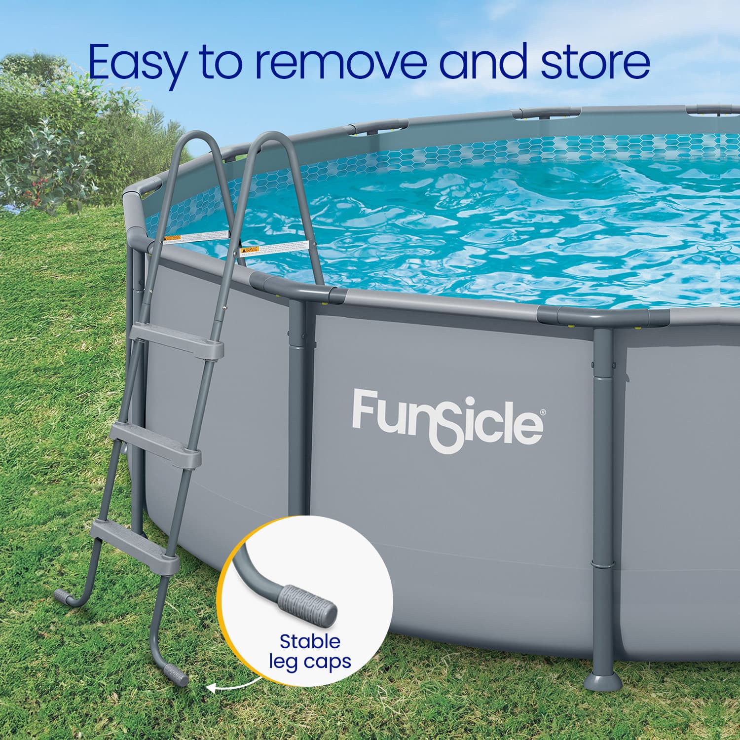 Funtastic above-ground pool with ladder and grass background