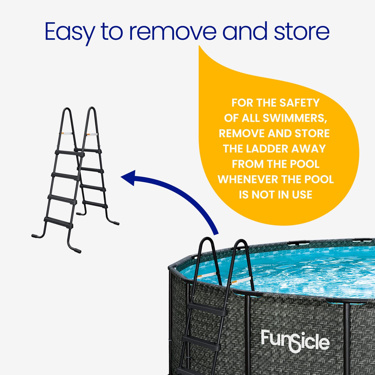 Pool ladder with text on removing and storing it for pool safety, featuring the brand 'Funsicle'.