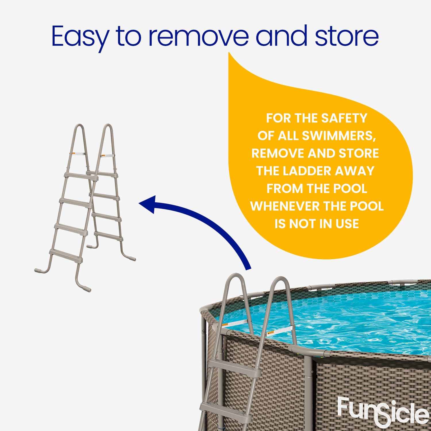Pool ladder with text on removing and storing it for pool safety, featuring Funsicle brand.