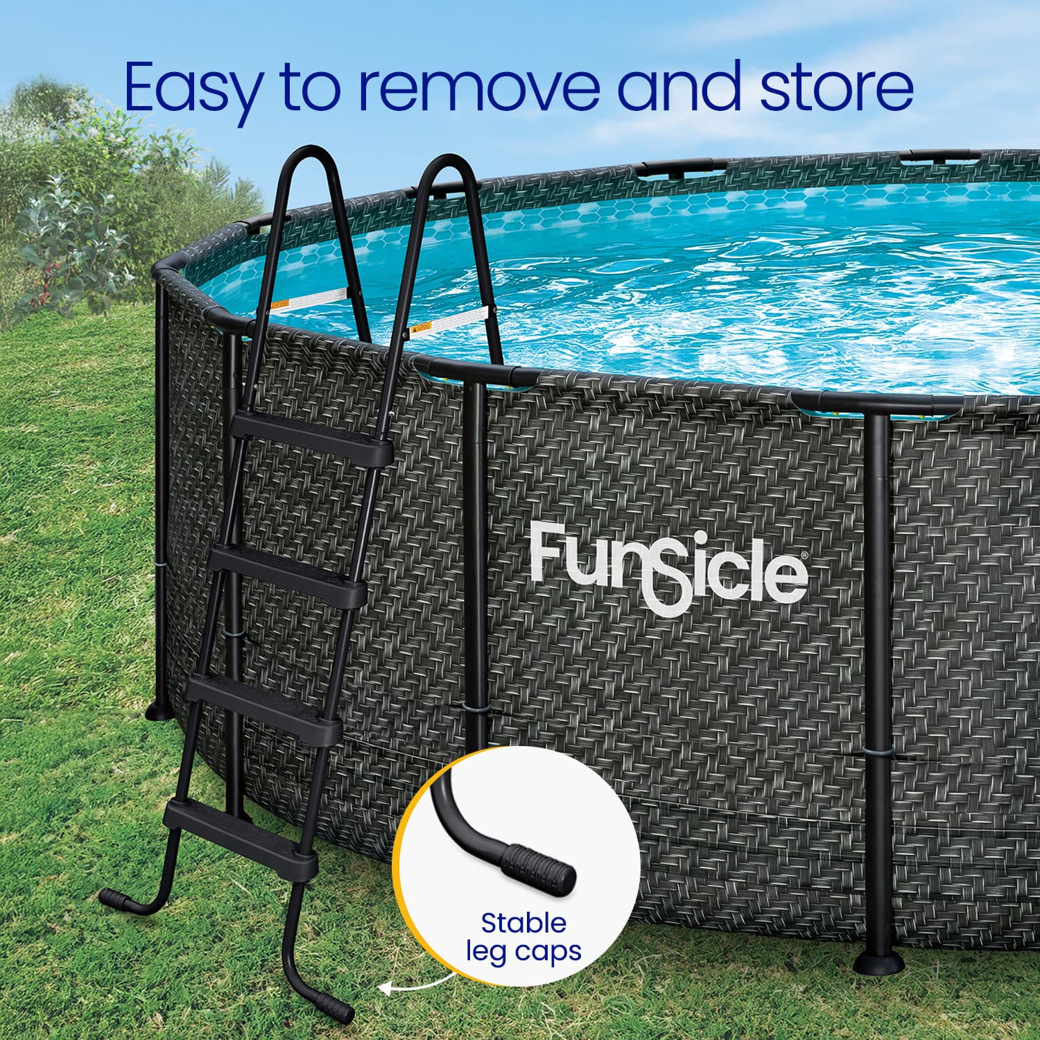 Funsicle pool with ladder and 'Funsicle' branding on a grassy background