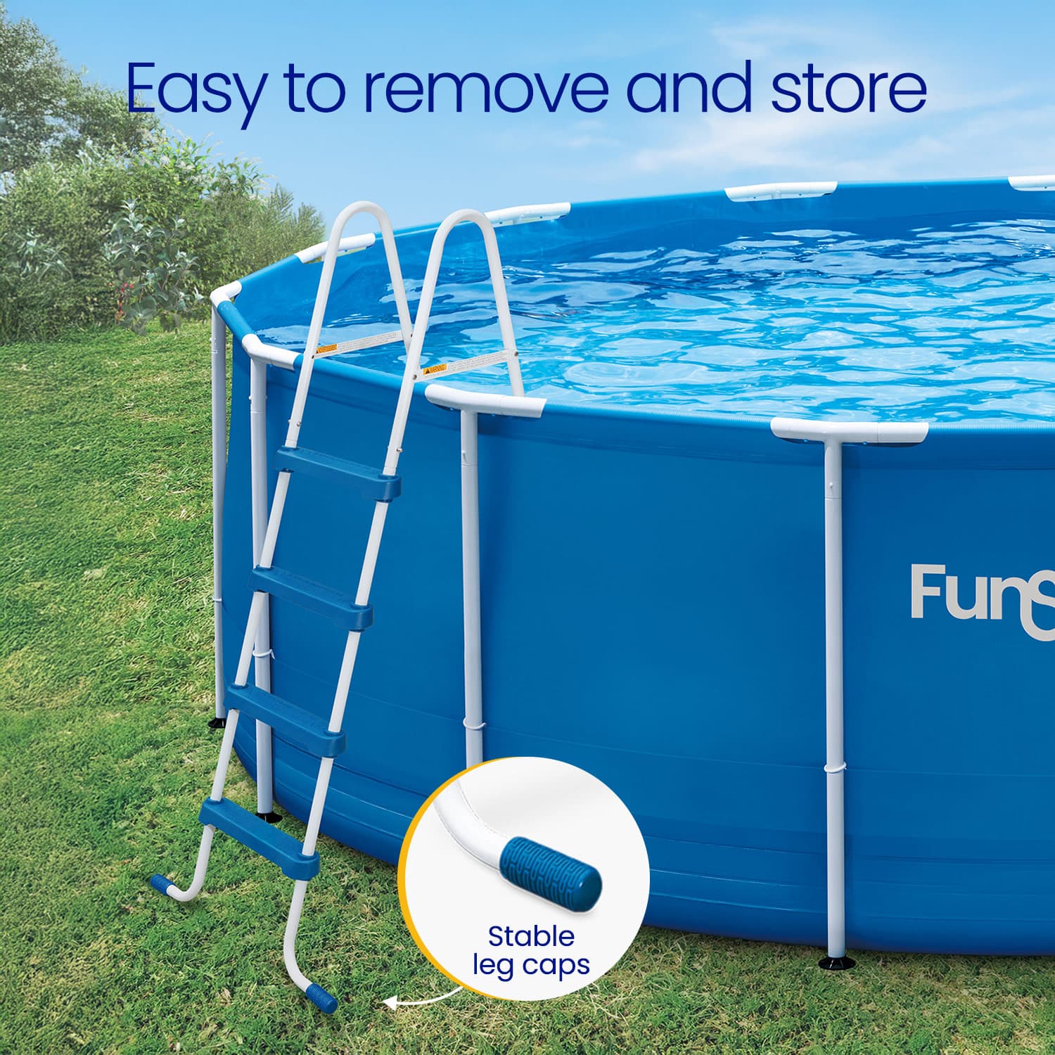 Blue above-ground pool with ladder and stabilizing leg caps on grass
