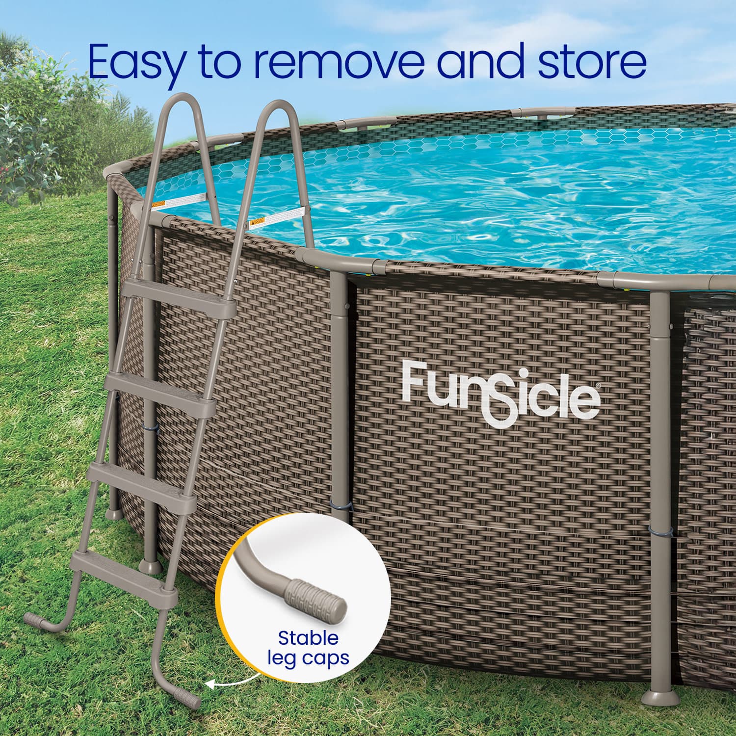 Funsicle pool with ladder and leg caps on grass