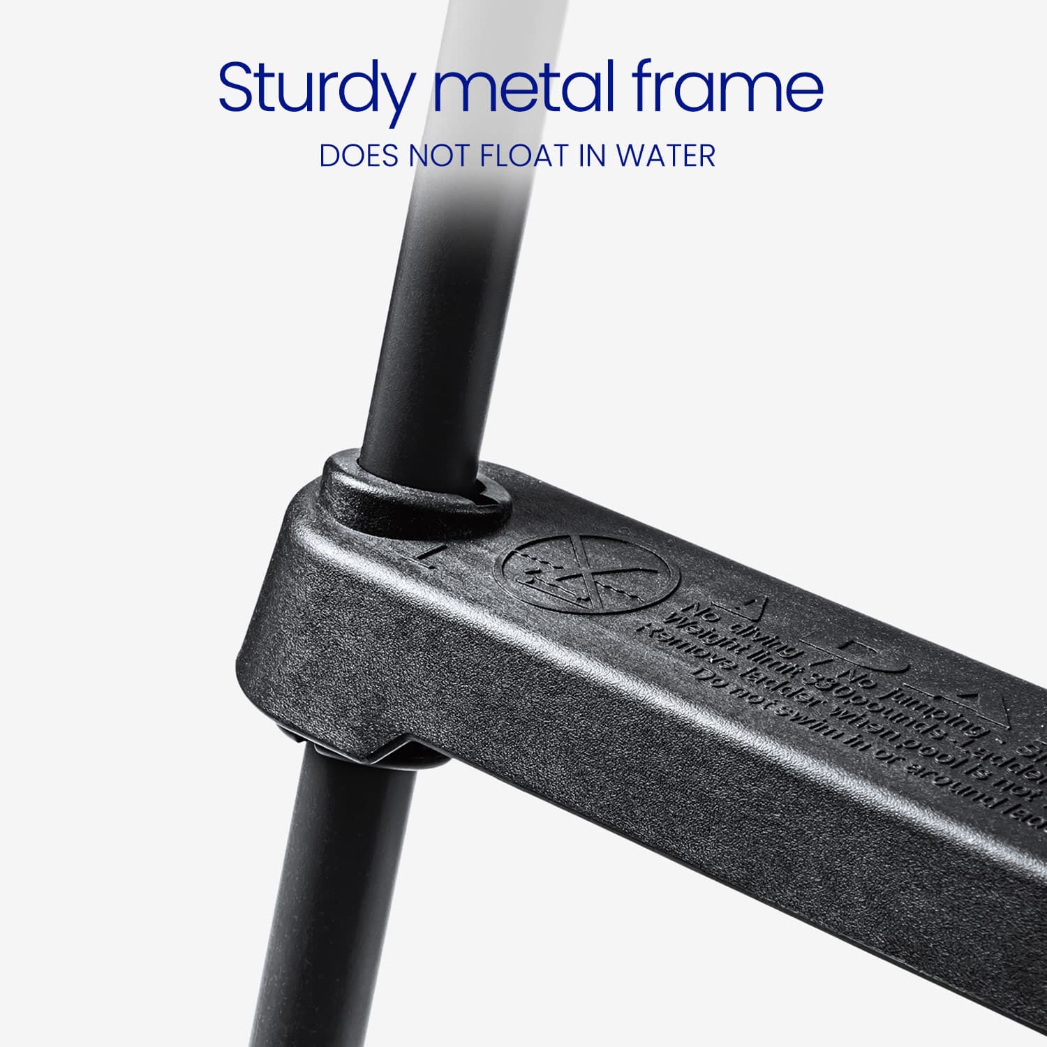Sturdy metal frame with text indicating it does not float in water on a white background