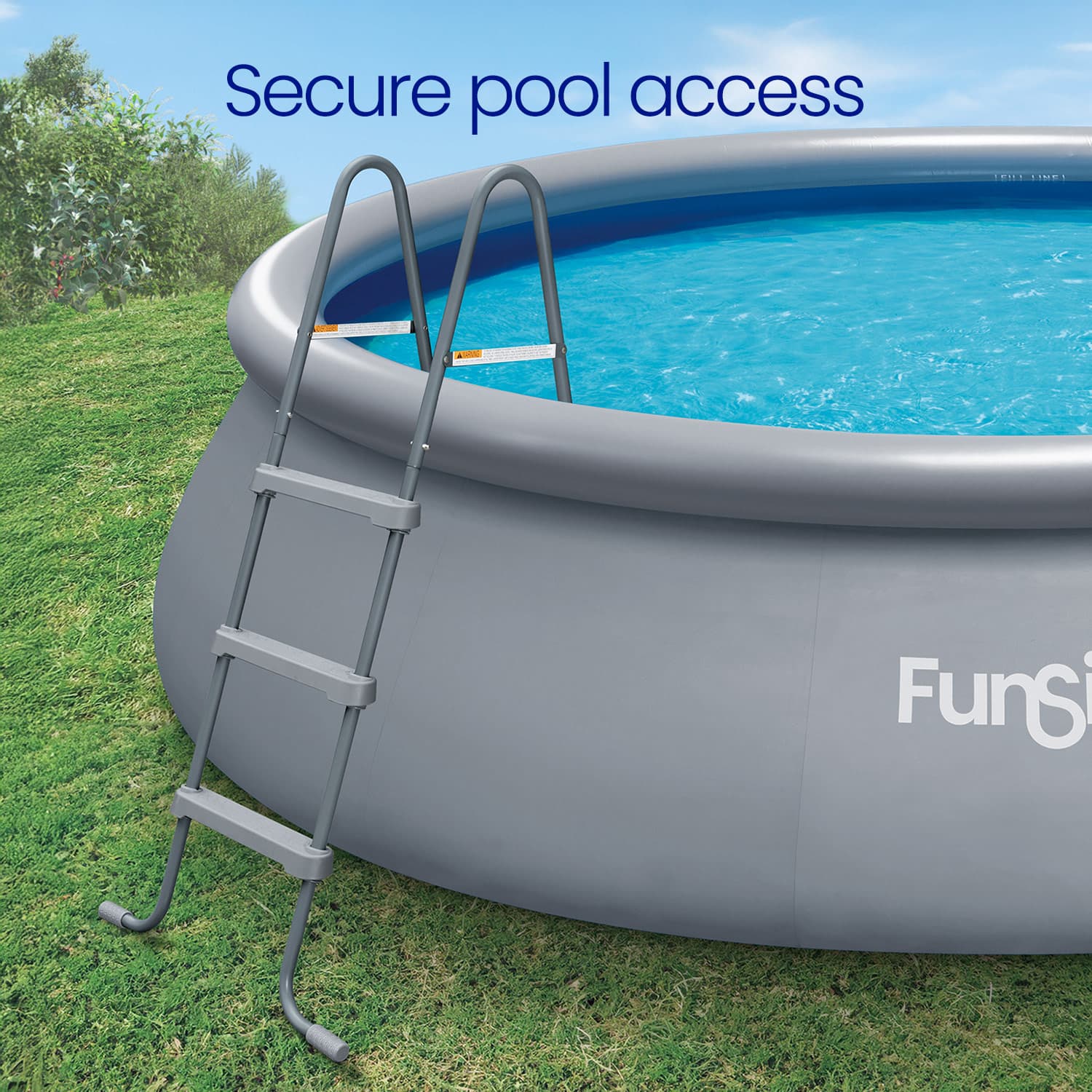 Inflatable pool with ladder on grass, 'Funsicle' brand visible