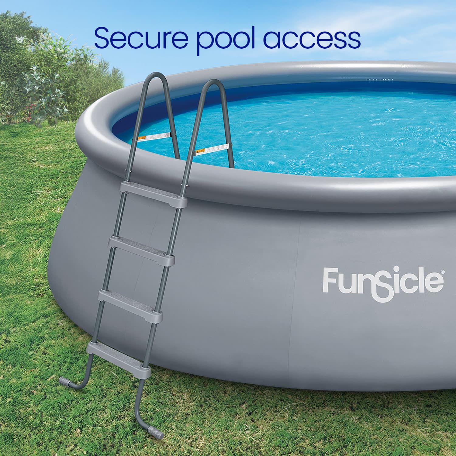 Inflatable pool with ladder on grass, Funsicle' brand visible