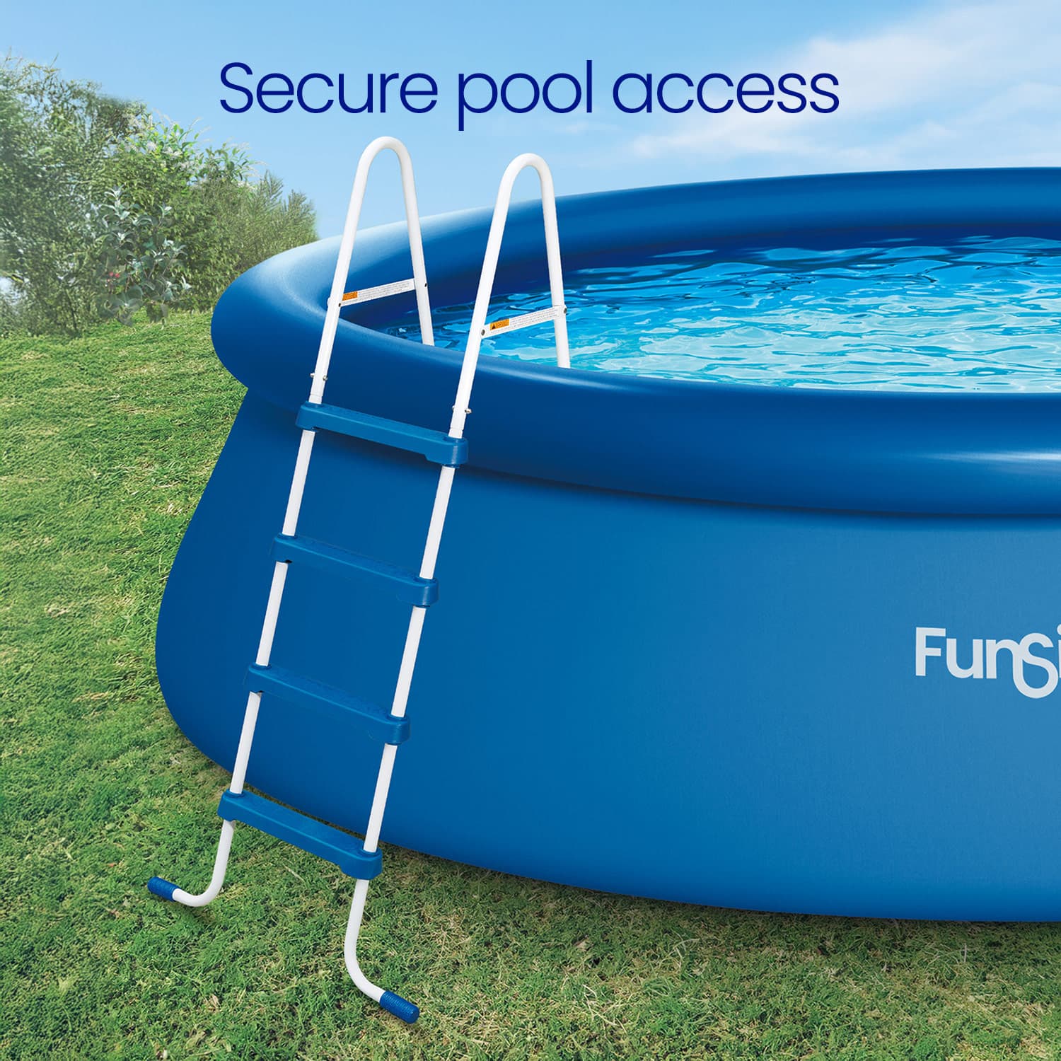 Blue inflatable pool with a ladder on grass, labeled 'Funsicle'