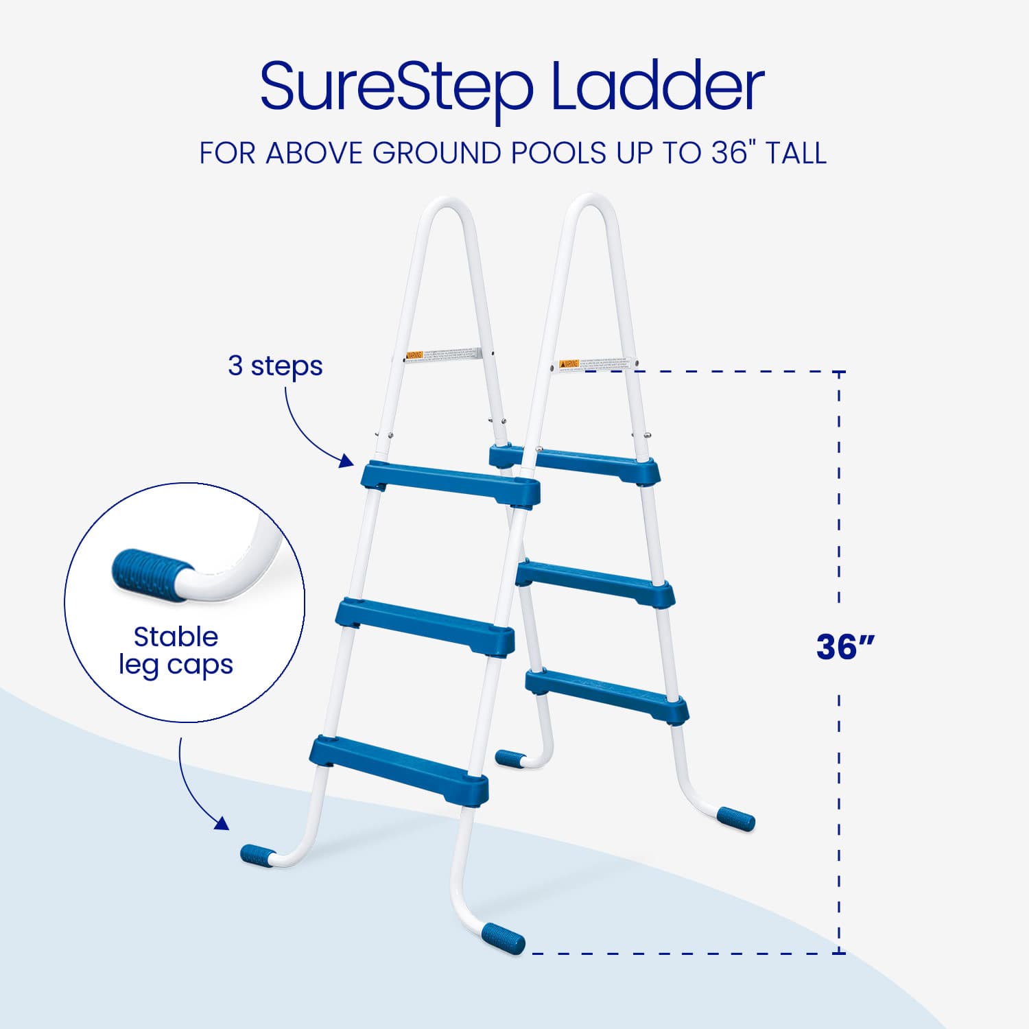 SureStep ladder for above ground pools with stable leg caps and height measurement on a light blue background