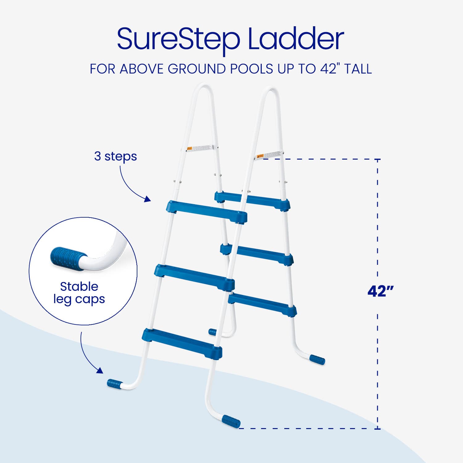 SureStep ladder for above ground pools with stable leg caps and height measurement on a light blue background