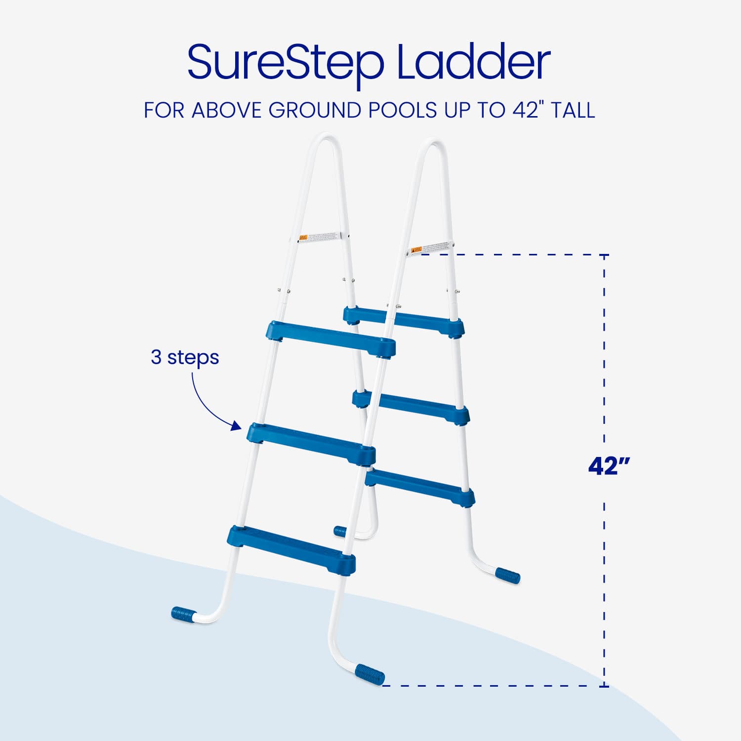 SureStep ladder for above-ground pools with dimensions and step count on a light blue background