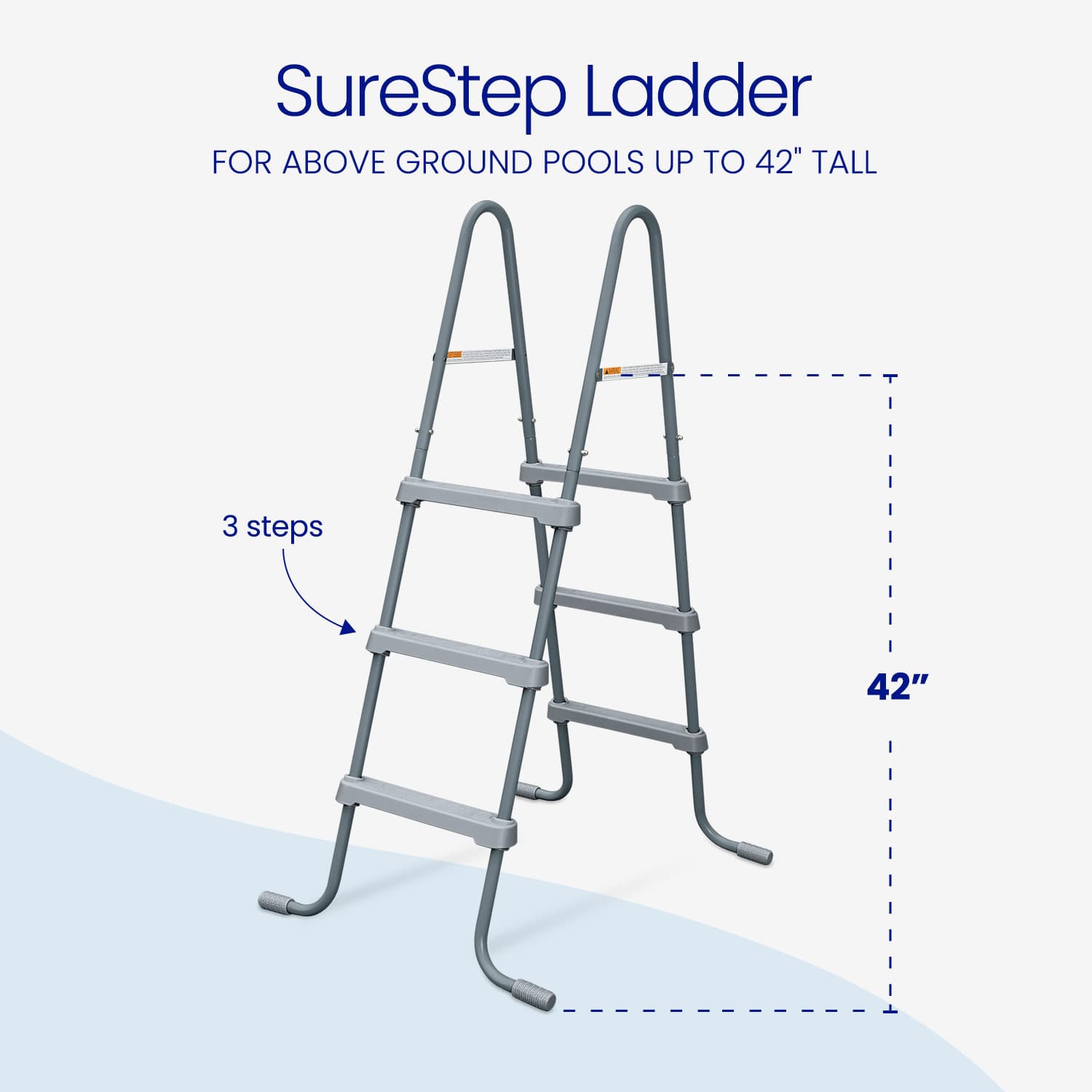 SureStep ladder for above ground pools with dimensions on a light blue background