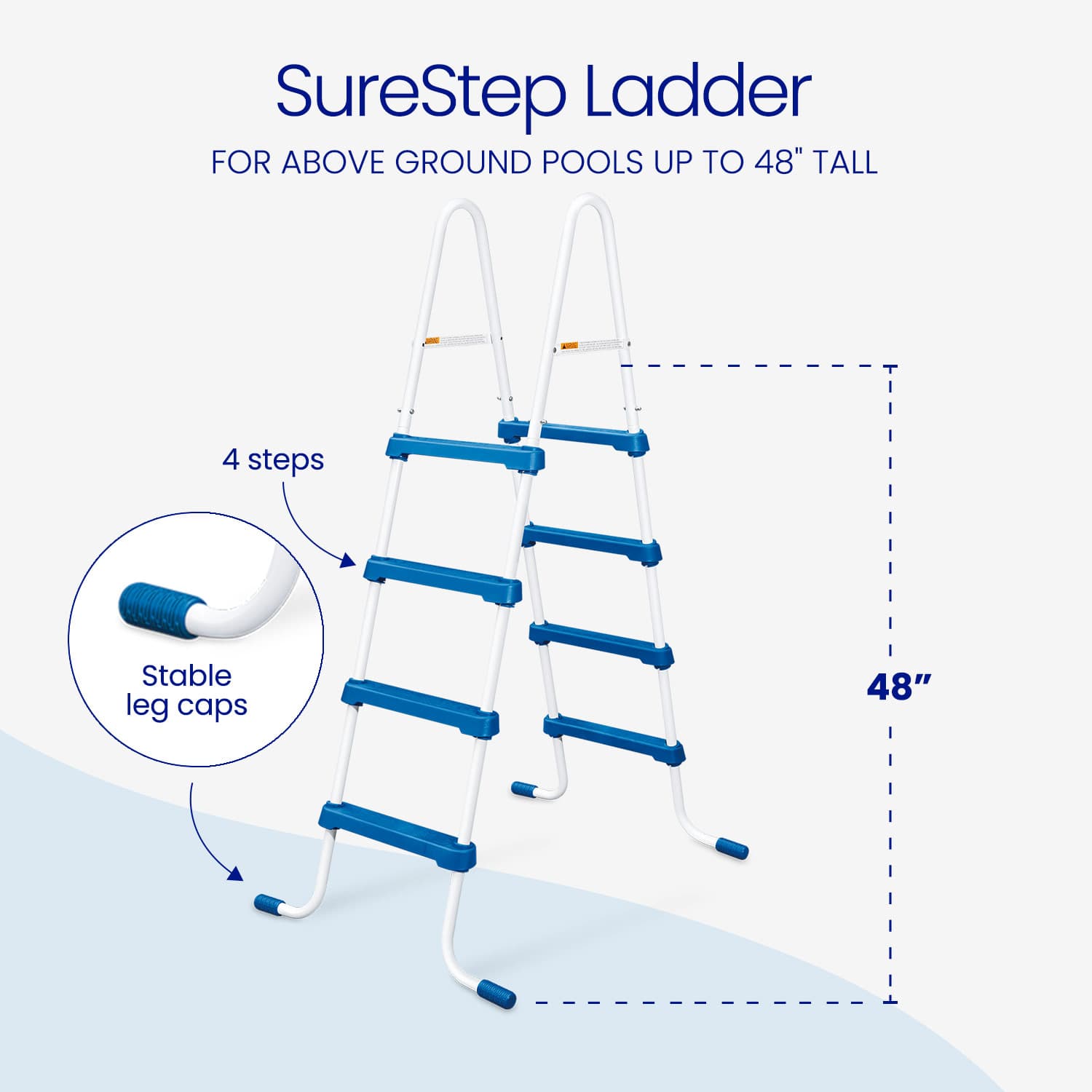 SureStep ladder for above ground pools with stable leg caps and height measurement on a light blue background