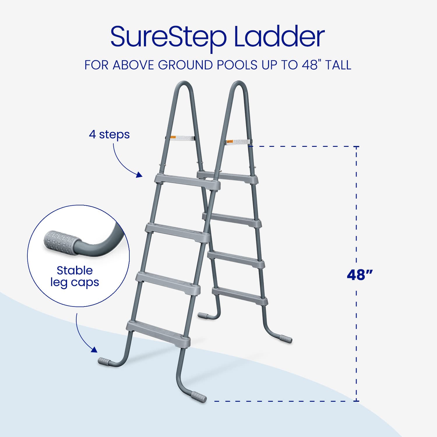 SureStep ladder for above ground pools with stable leg caps and height measurement on a light blue background