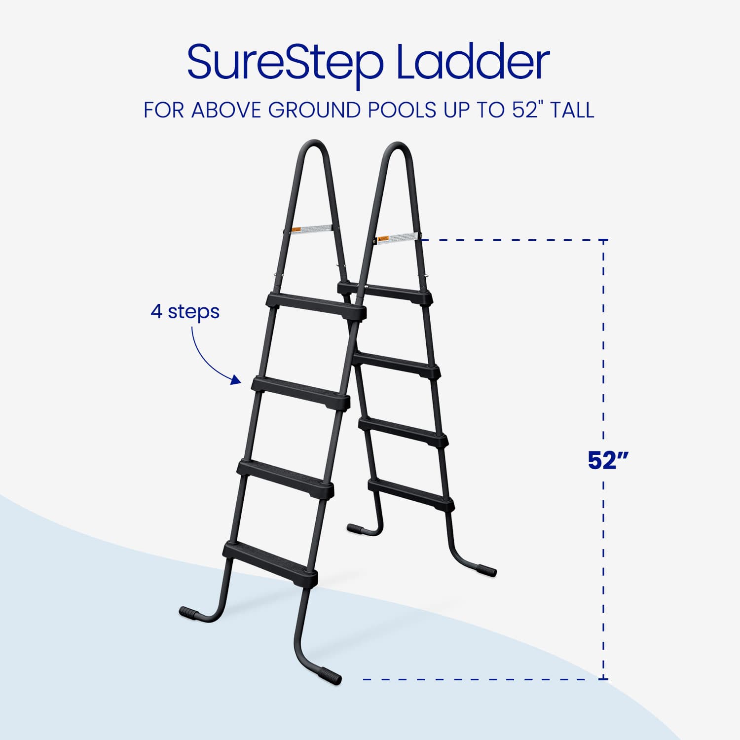 SureStep ladder for above-ground pools up to 52 inches tall with dimensions indicated.