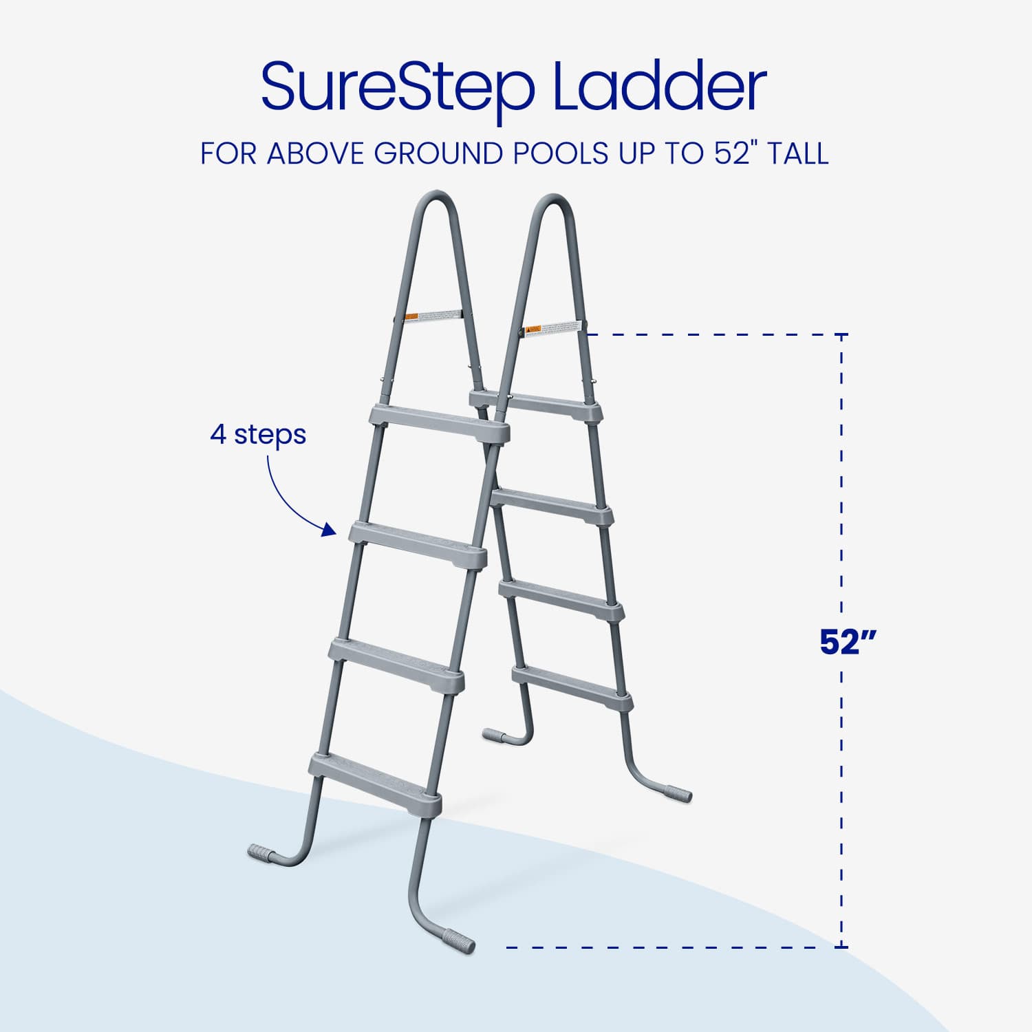 SureStep ladder for above ground pools with dimensions on a light blue background