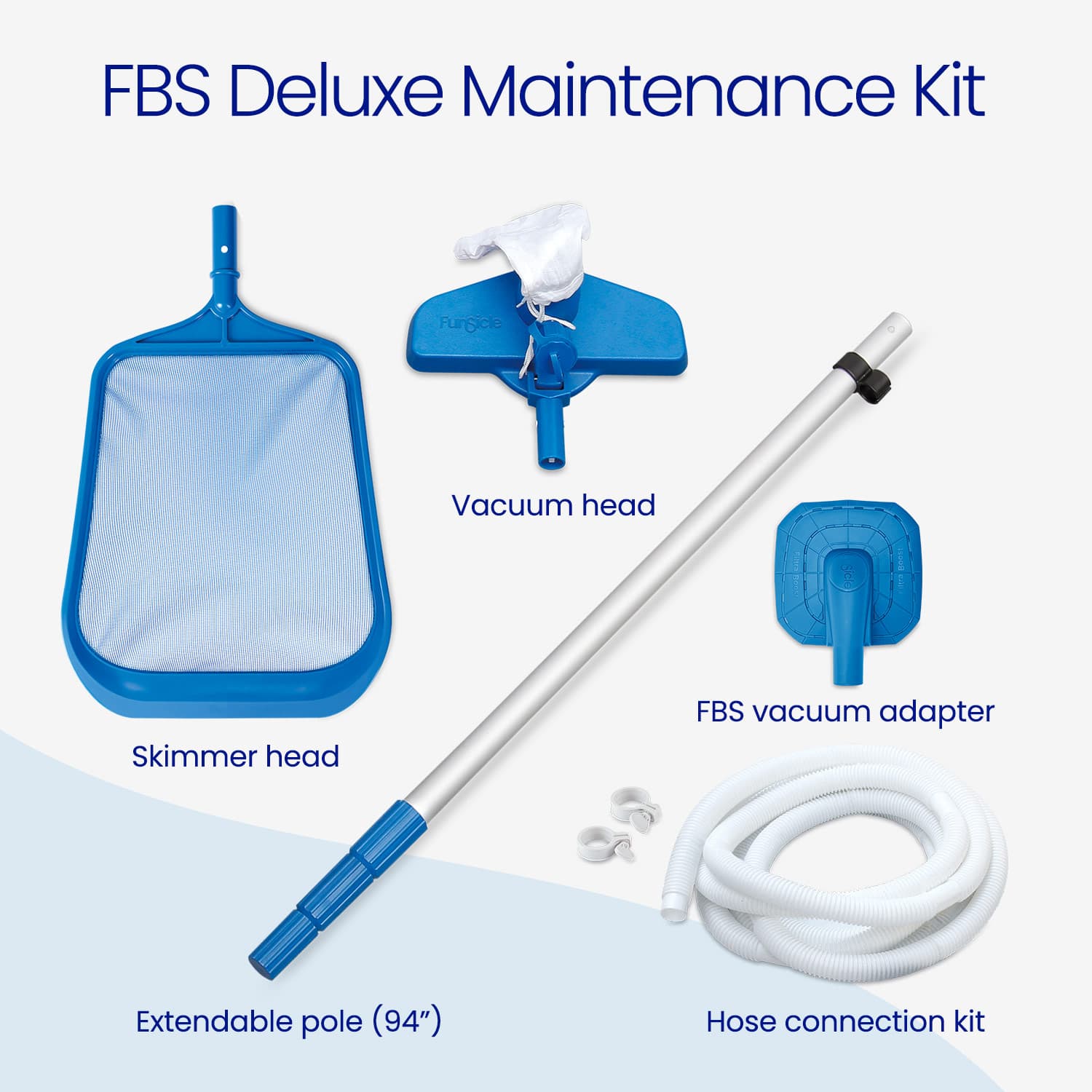 FBS Deluxe Maintenance Kit with skimmer head, vacuum head, extendable pole, and hose connection kit on a white background.