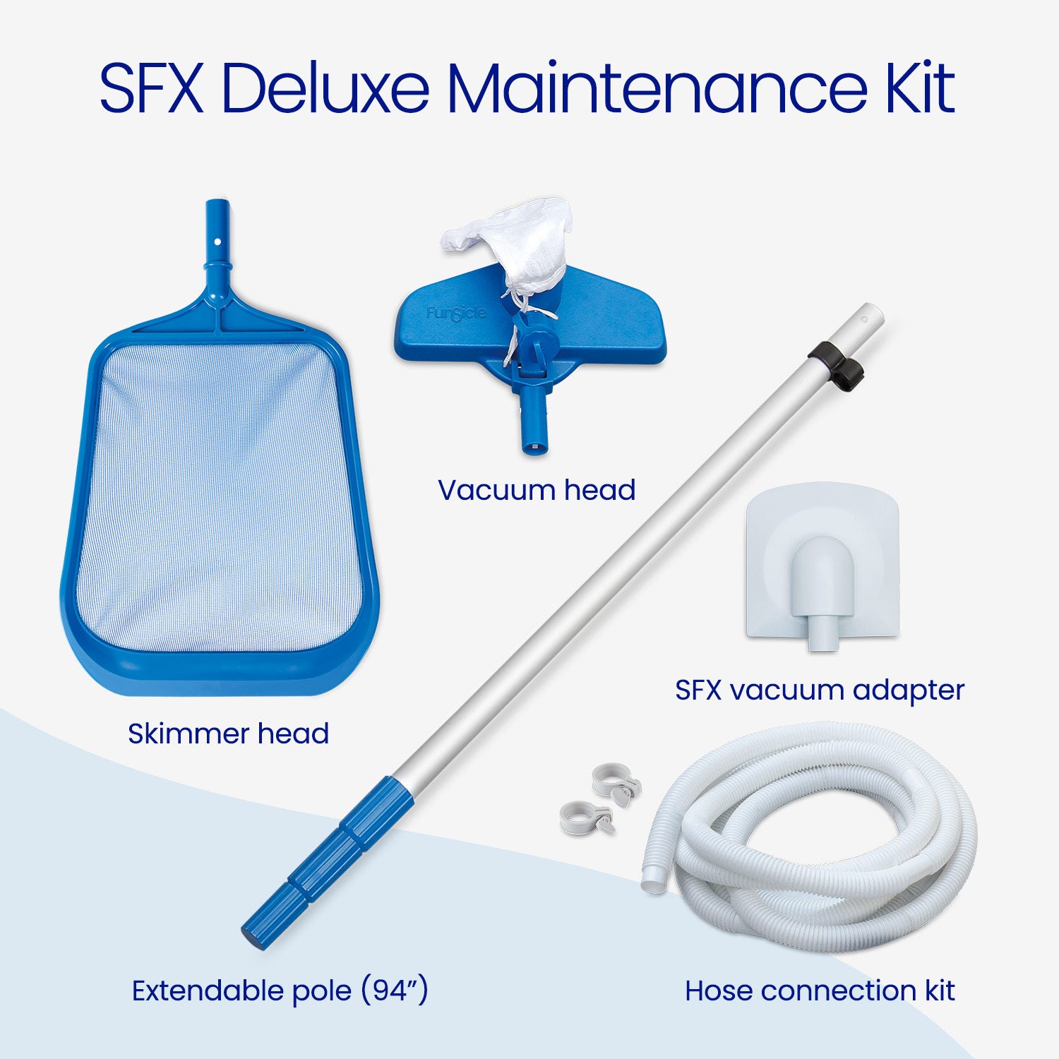 SFX Deluxe Maintenance Kit with skimmer head, vacuum head, extendable pole, and hose connection kit on a white background.