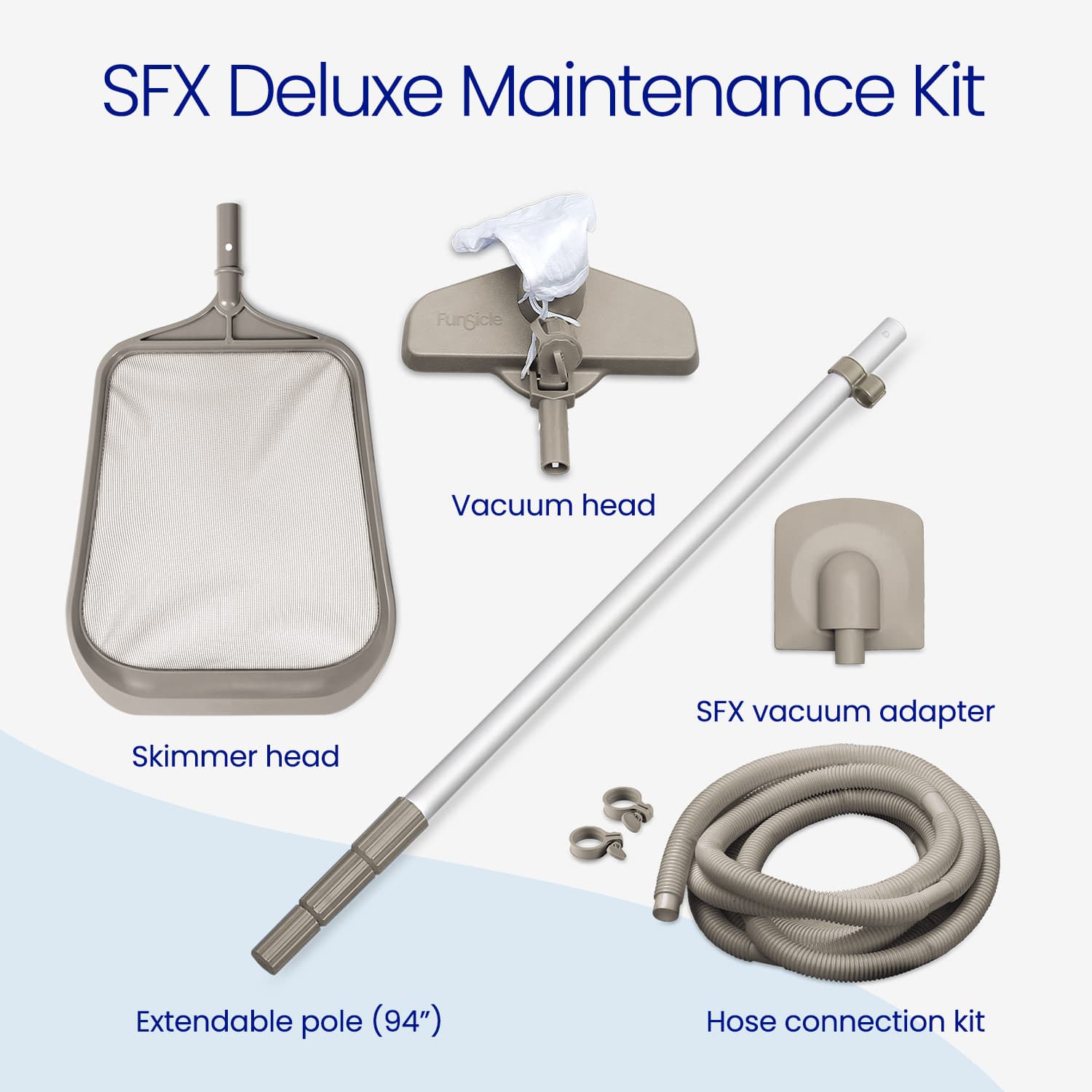 SFX Deluxe Maintenance Kit with skimmer head, vacuum head, extendable pole, hose connection kit on a white background.