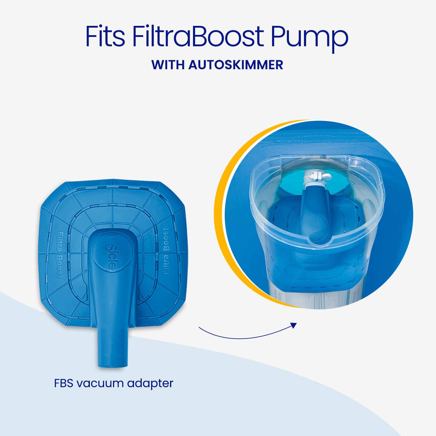 Blue FBS vacuum adapter for FiltraBoost Pump with Autoskimmer on a white background
