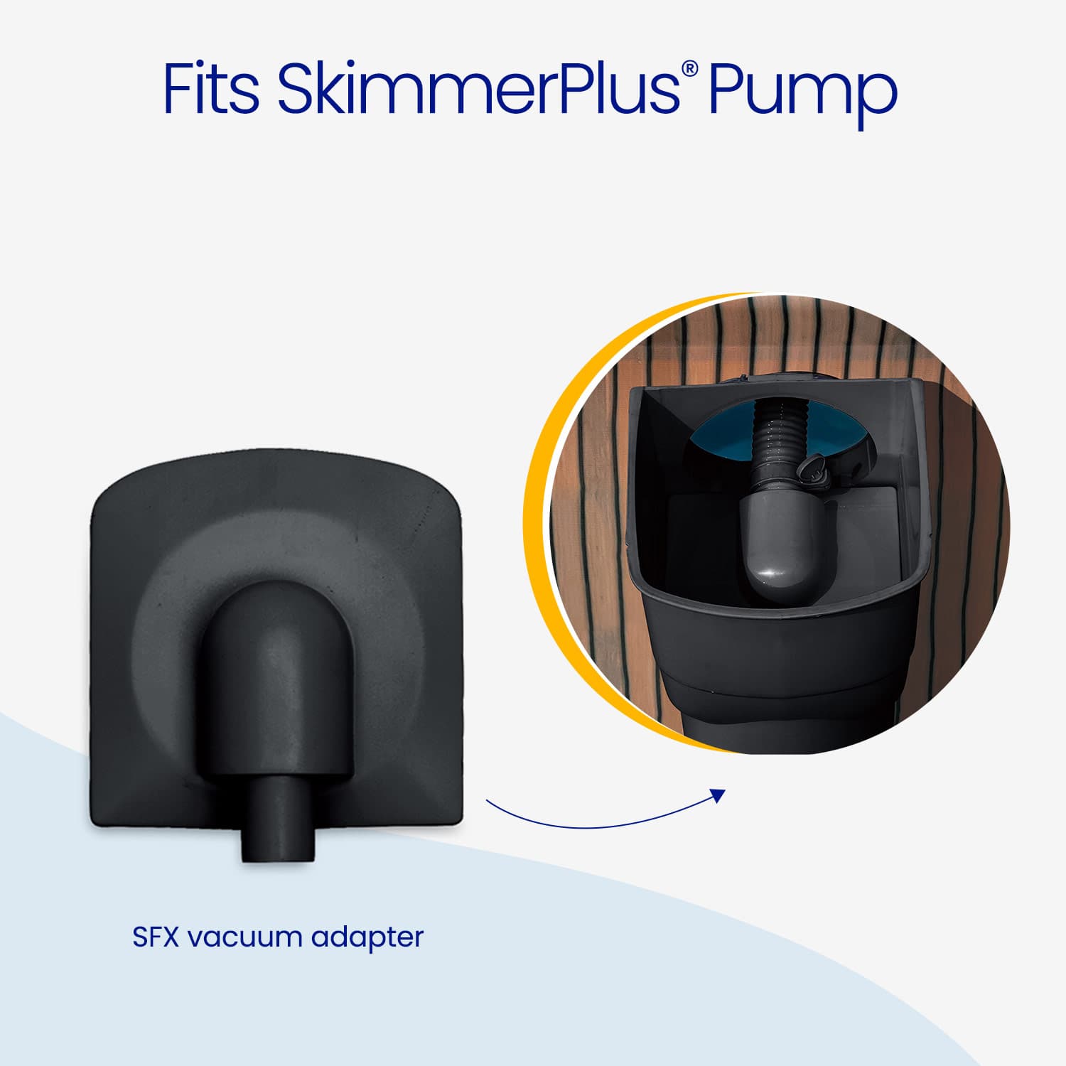 Black SFX vacuum adapter for SkimmerPlus Pump on a white background