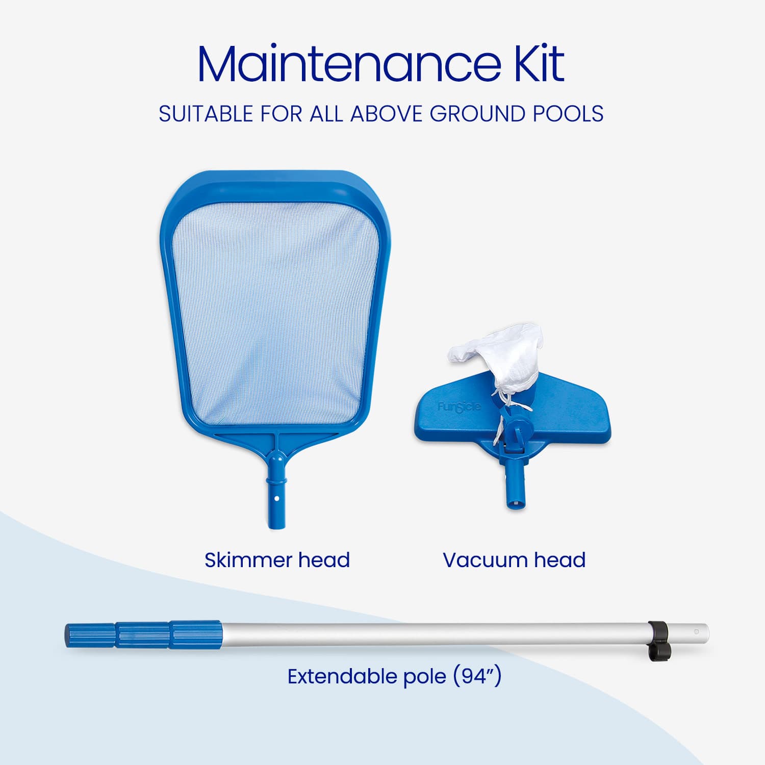 Pool maintenance kit with skimmer head, vacuum head, and extendable pole on a white background