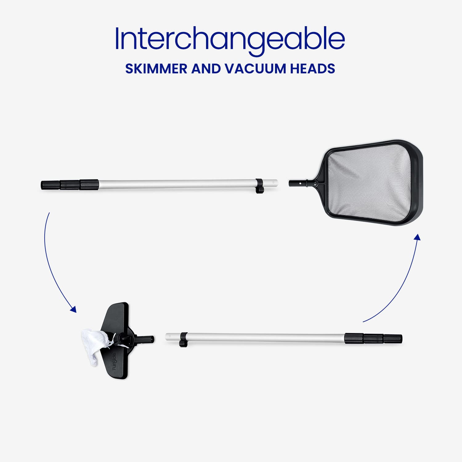 Interchangeable skimmer and vacuum heads for pool maintenance on a white background
