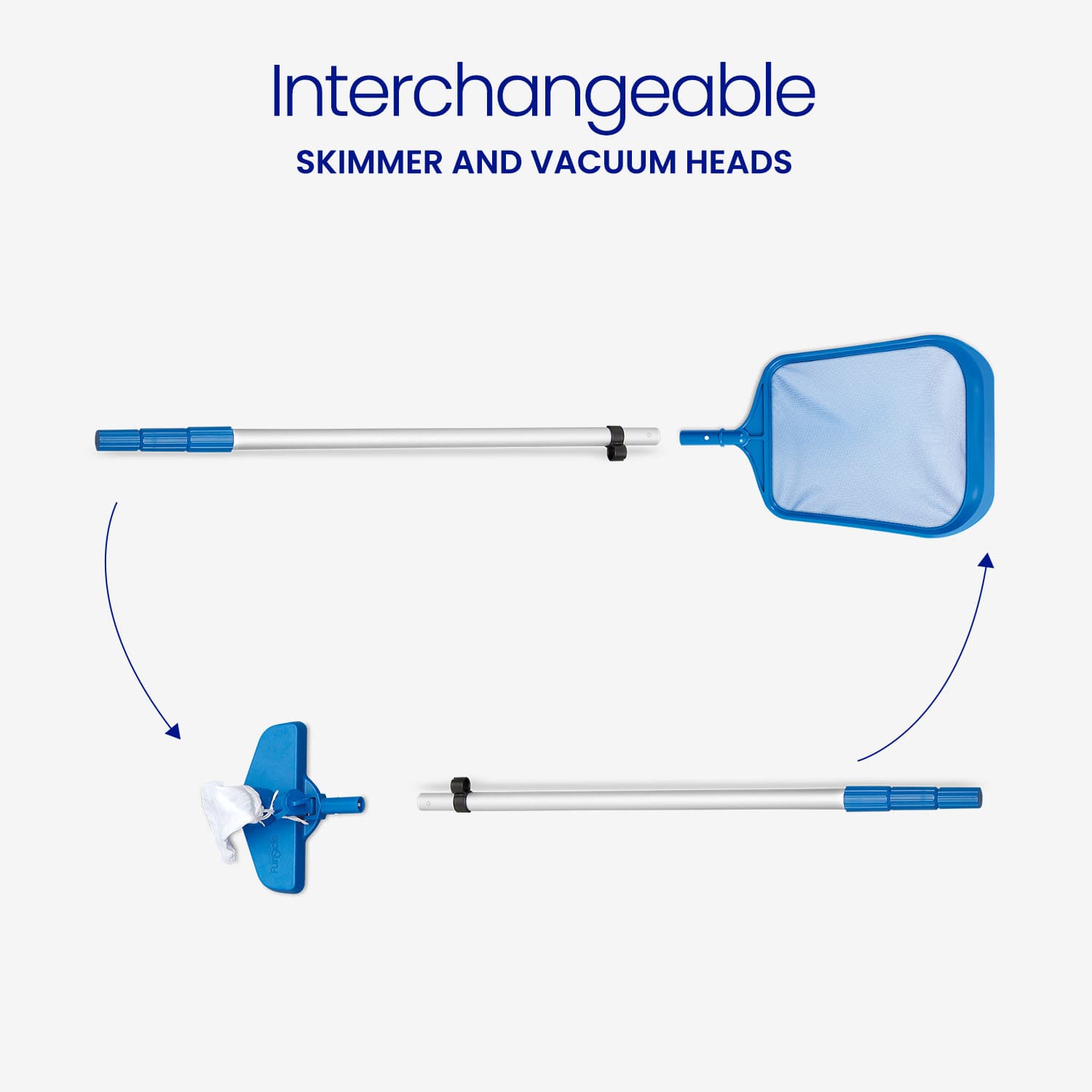 Pool cleaning tool with interchangeable skimmer and vacuum heads on a white background