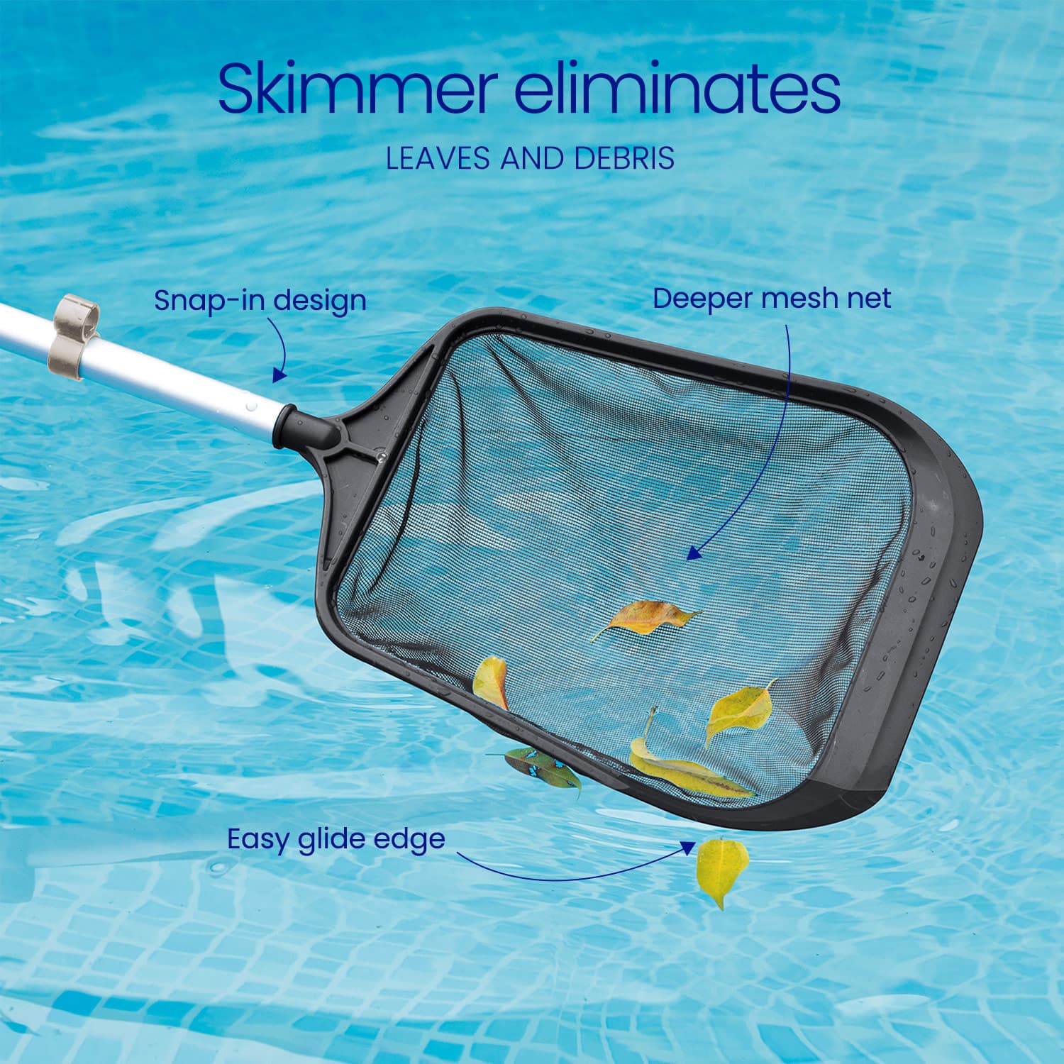 Pool skimmer net with features highlighted on a pool background