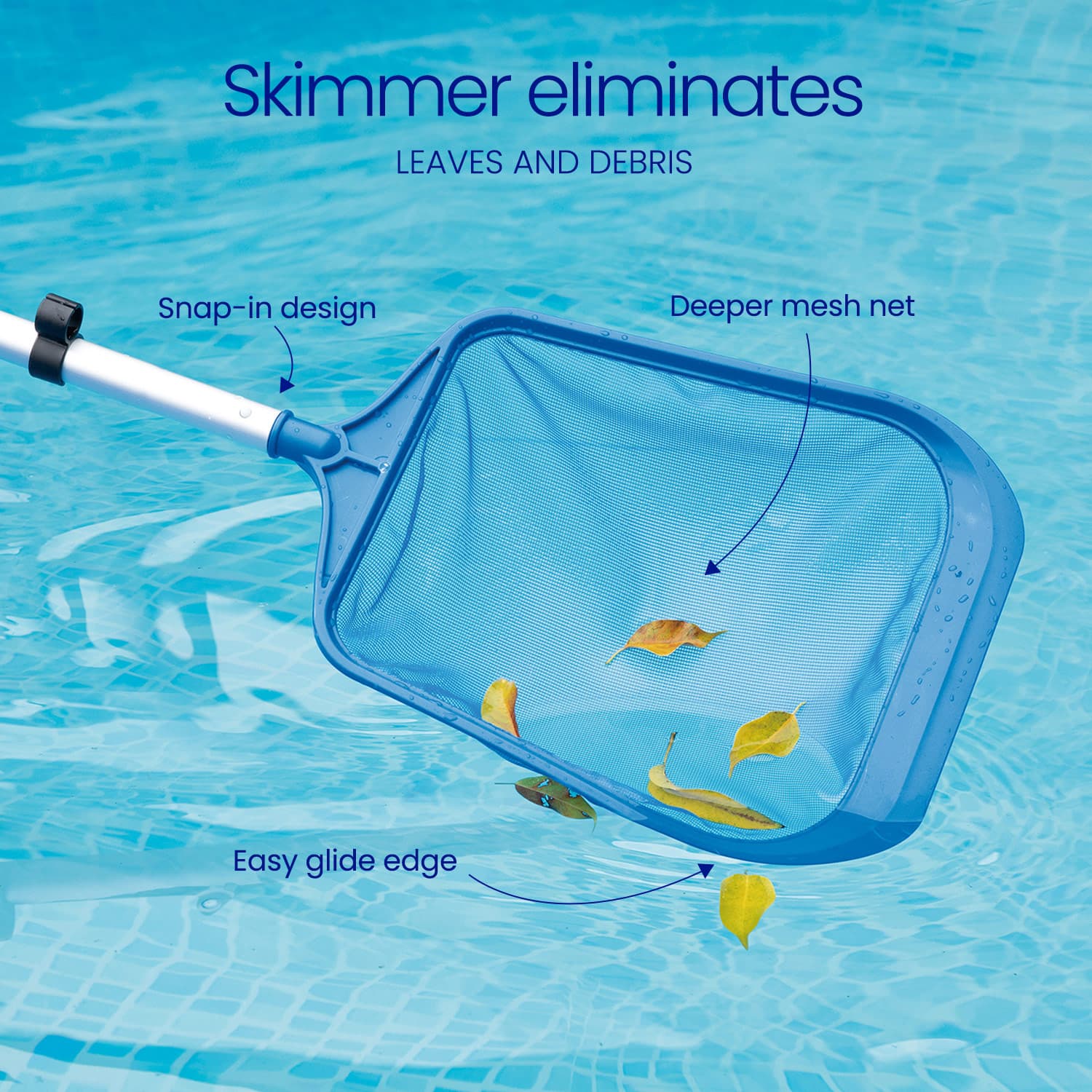 Pool skimmer with features highlighted on a pool background
