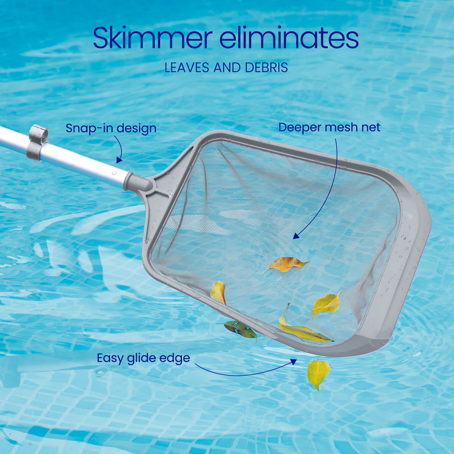 Pool skimmer net with features highlighted on a pool background