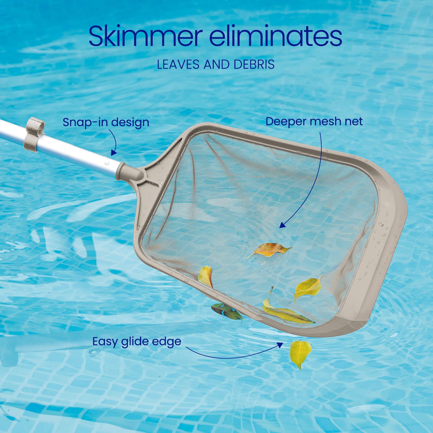 Pool skimmer with features highlighted on a pool background