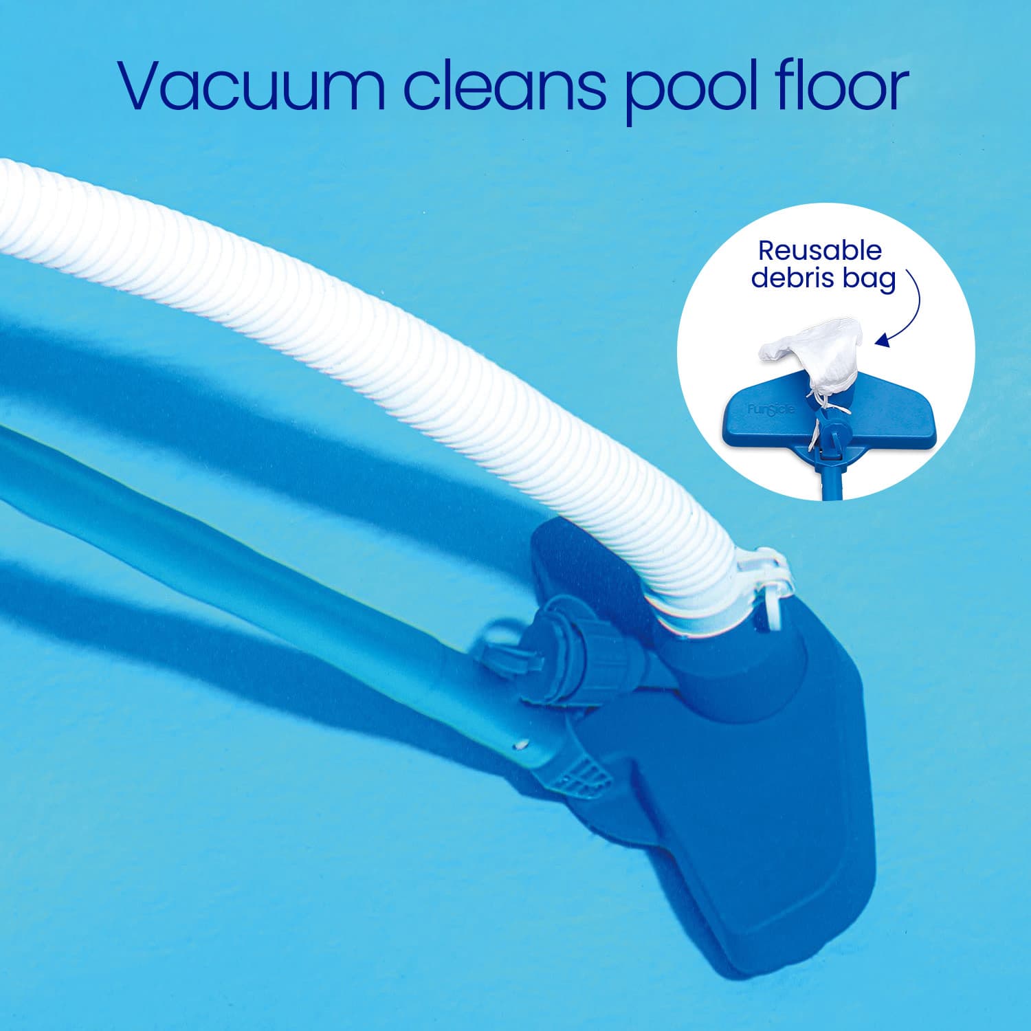 Pool vacuum cleaner with hose and debris bag on a blue background