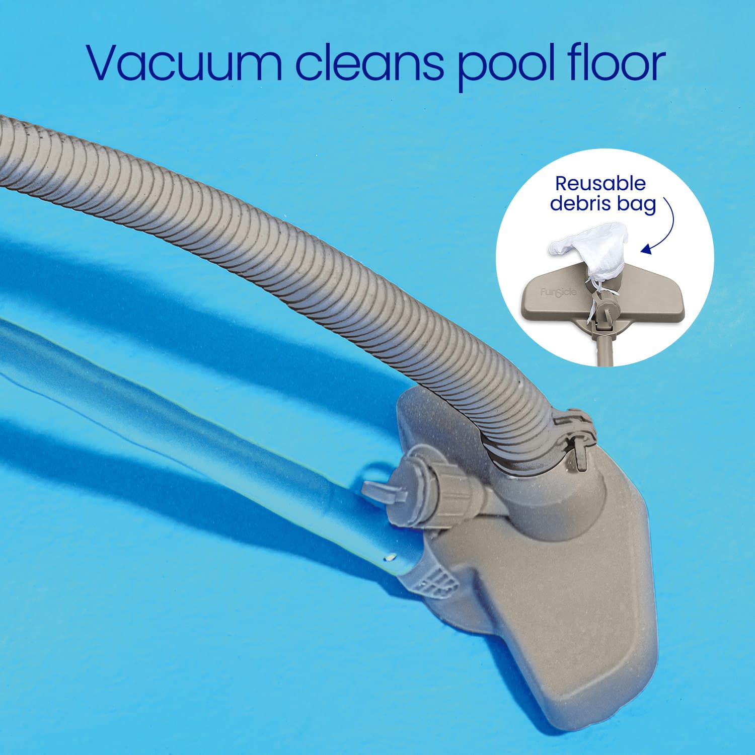 Pool vacuum cleaner with hose and debris bag on a blue background