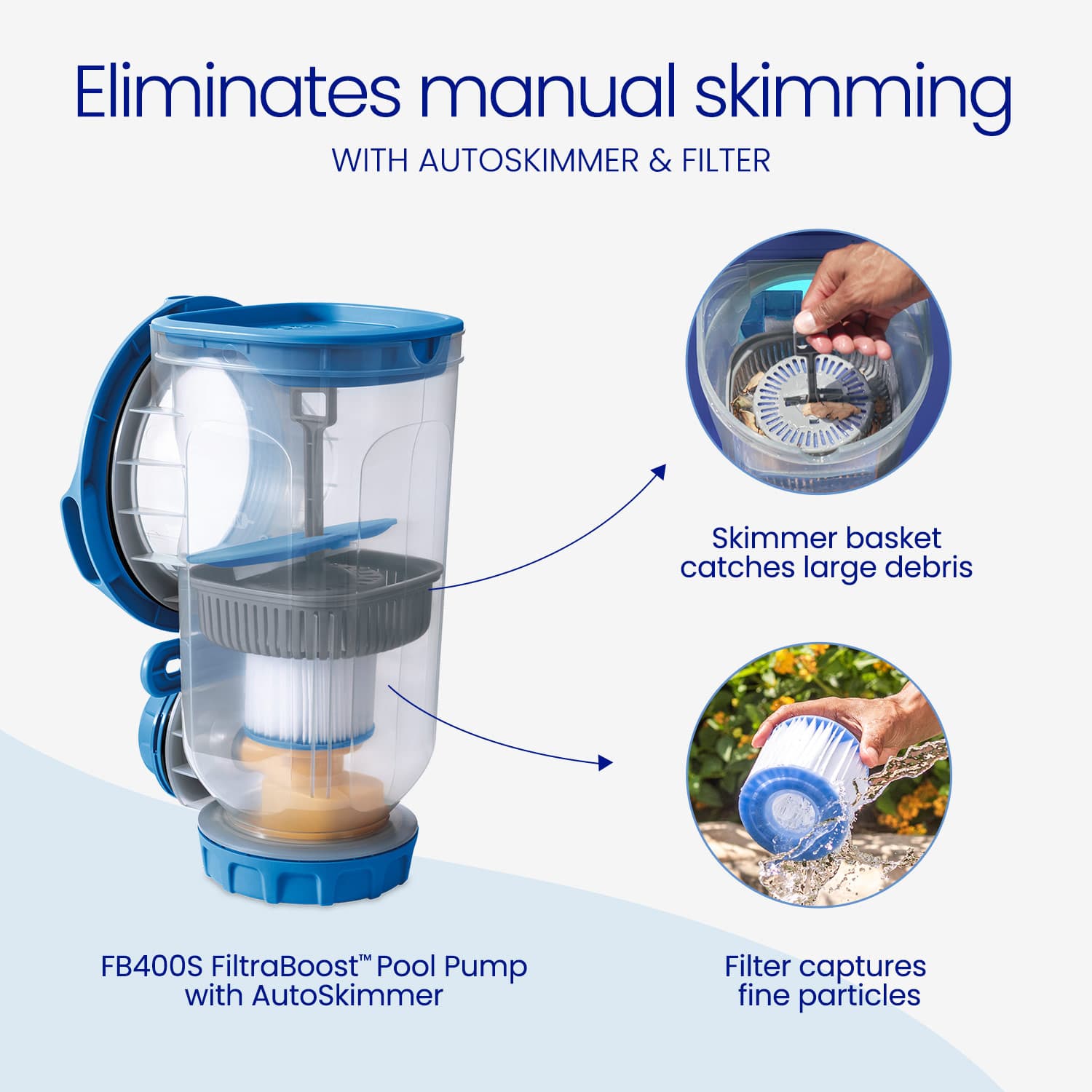 Pool pump with autoskimmer and filter system on a light blue background