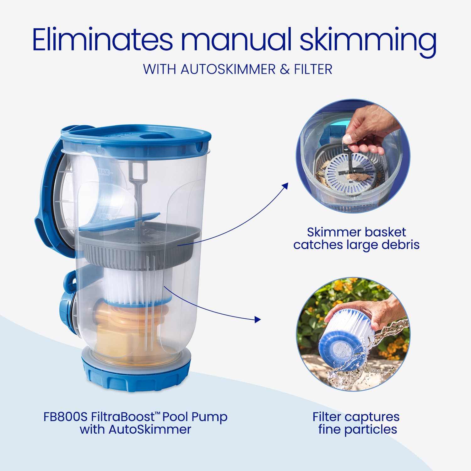 Pool pump with autoskimmer and filter system on a light blue background